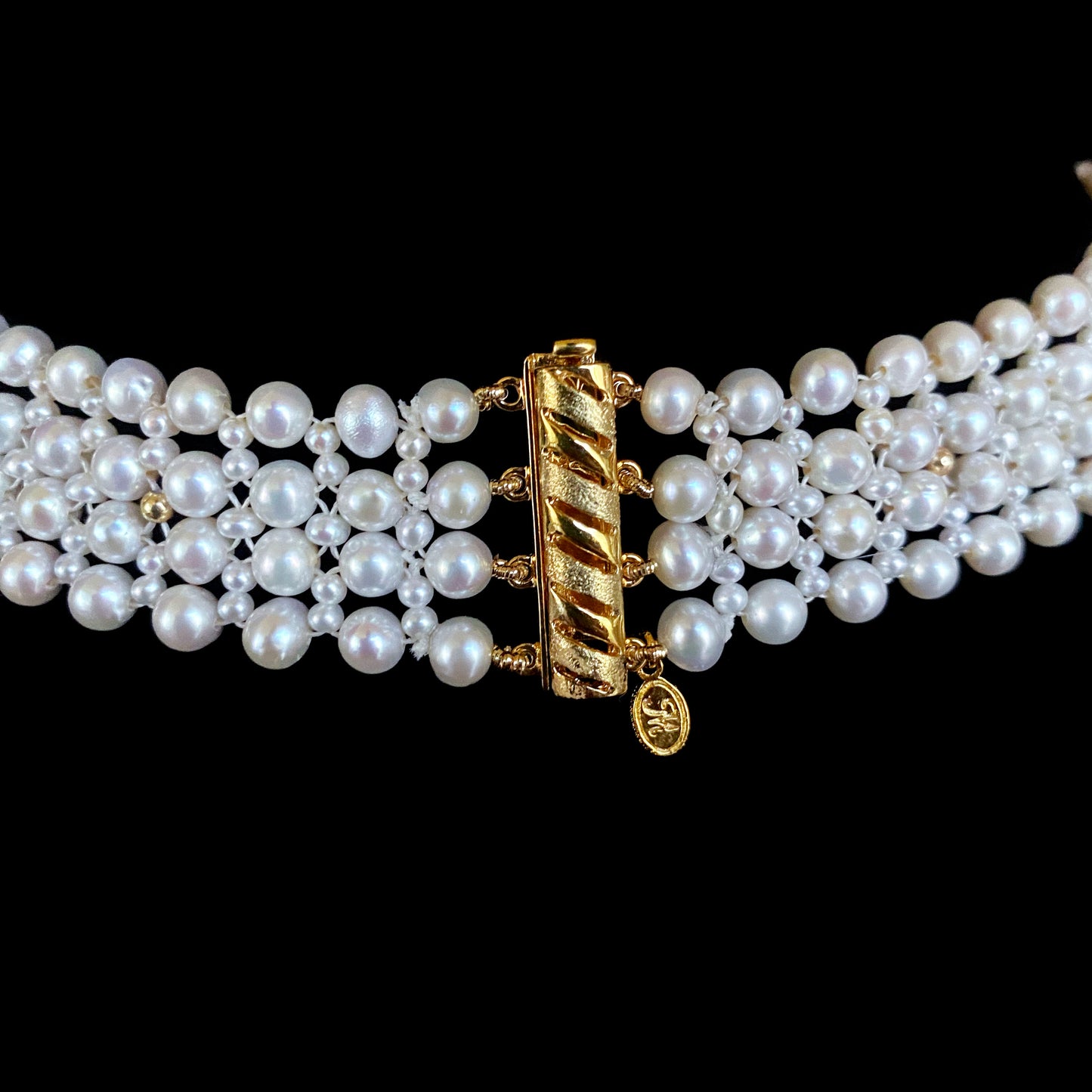 Pearl Woven Necklace with 18k Yellow Gold Plated Floral Centerpiece and Findings