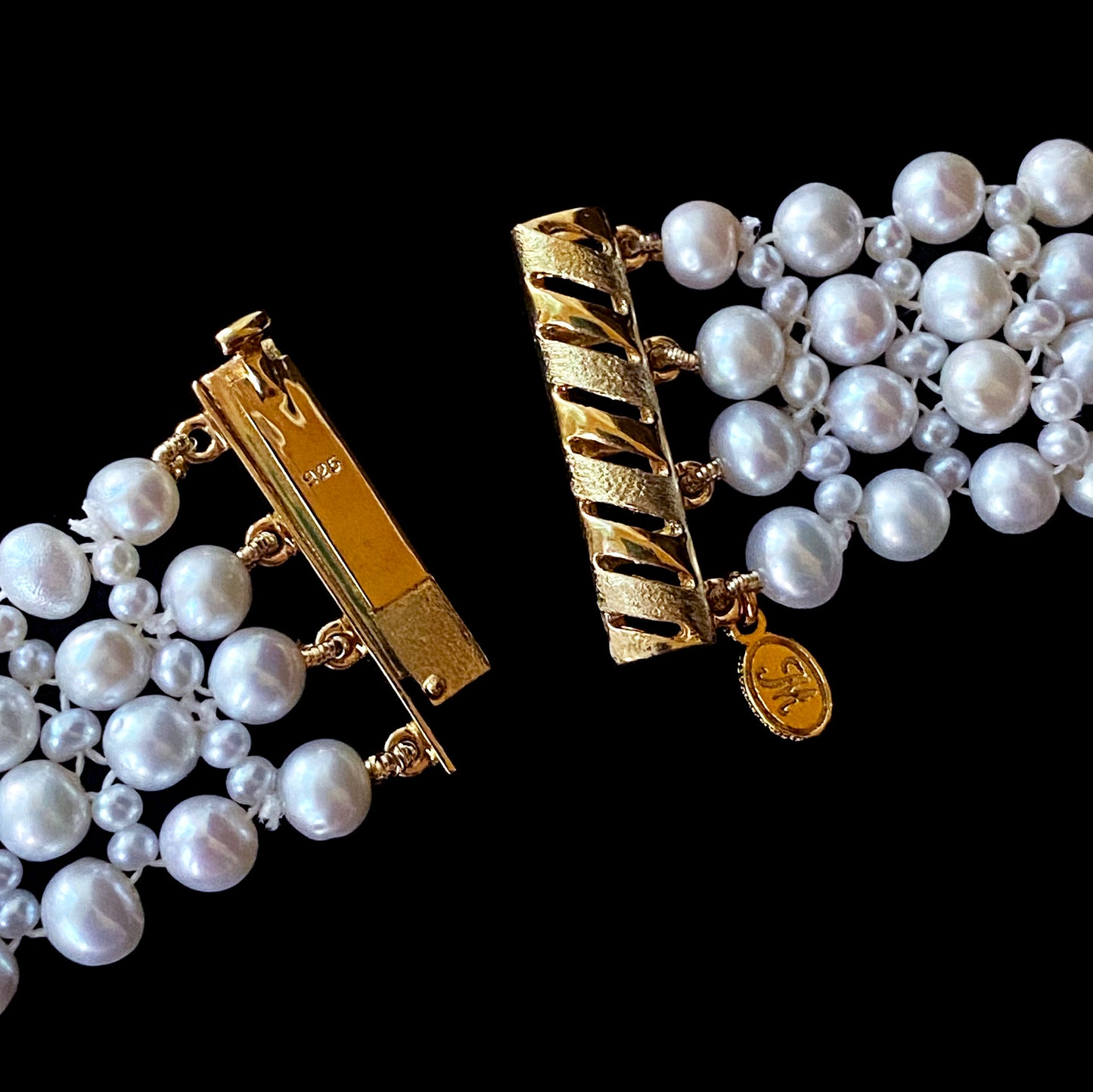 Pearl Woven Necklace with 18k Yellow Gold Plated Floral Centerpiece and Findings