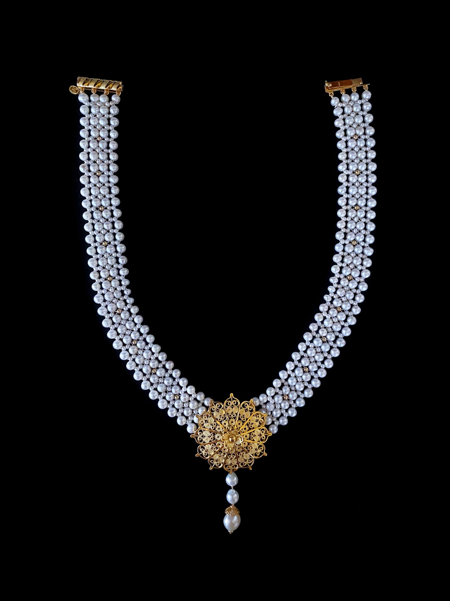 Pearl Woven Necklace with 18k Yellow Gold Plated Floral Centerpiece and Findings