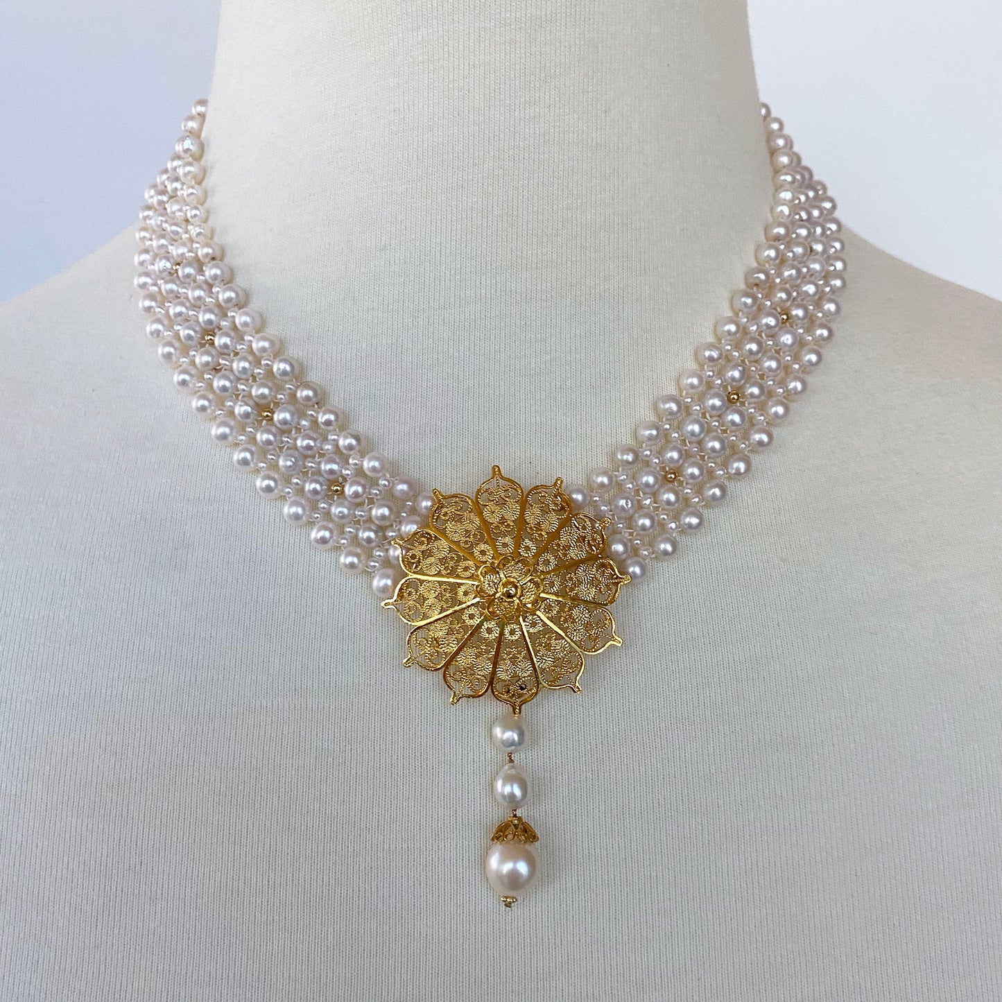 Pearl Woven Necklace with 18k Yellow Gold Plated Floral Centerpiece and Findings