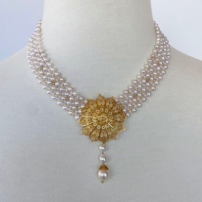 Pearl Woven Necklace with 18k Yellow Gold Plated Floral Centerpiece and Findings