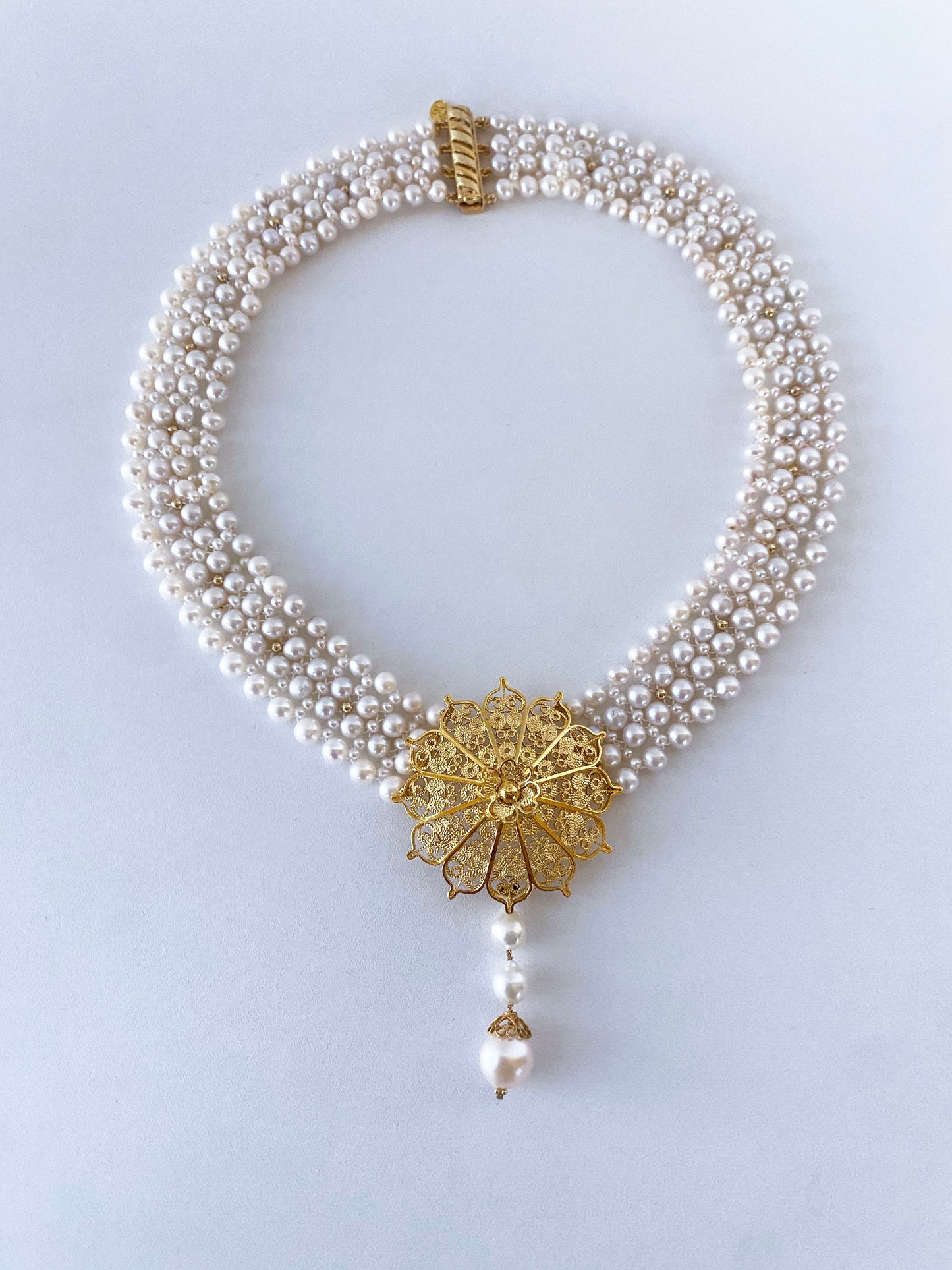 Pearl Woven Necklace with 18k Yellow Gold Plated Floral Centerpiece and Findings