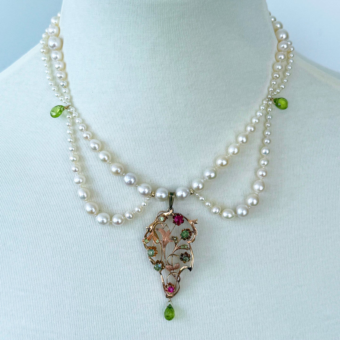 Gold & Semi Precious Centerpiece Pearl Draped Necklace