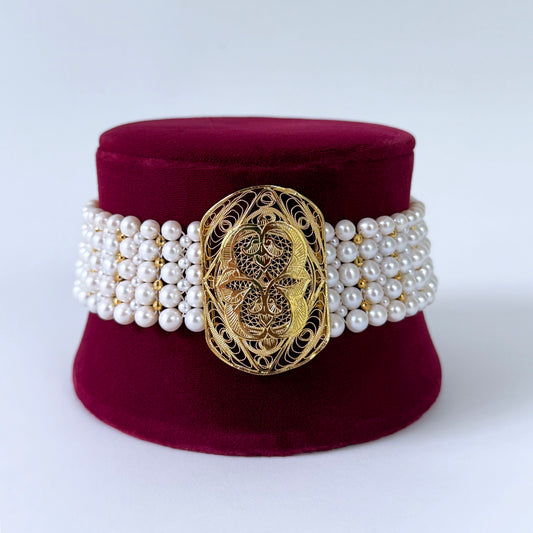 Pearl Woven Choker with Vintage Filigree Centerpiece and Gold Findings