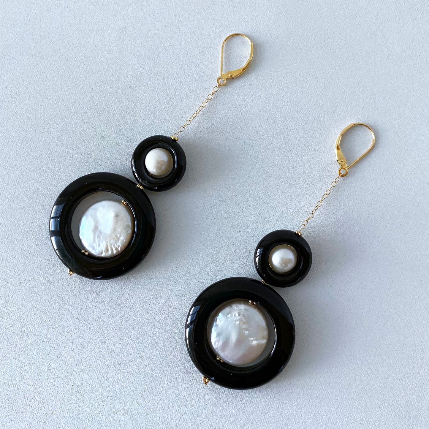 Two Tier Pearl, Black Onyx and Solid 14k Yellow Gold Earrings