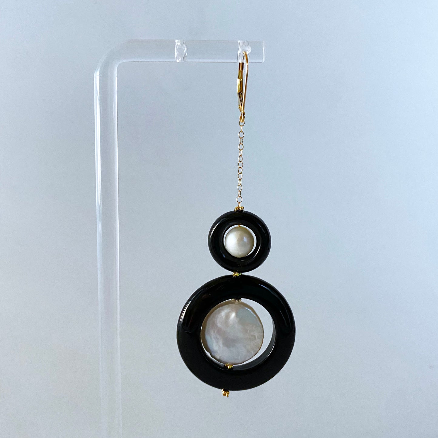 Two Tier Pearl, Black Onyx and Solid 14k Yellow Gold Earrings