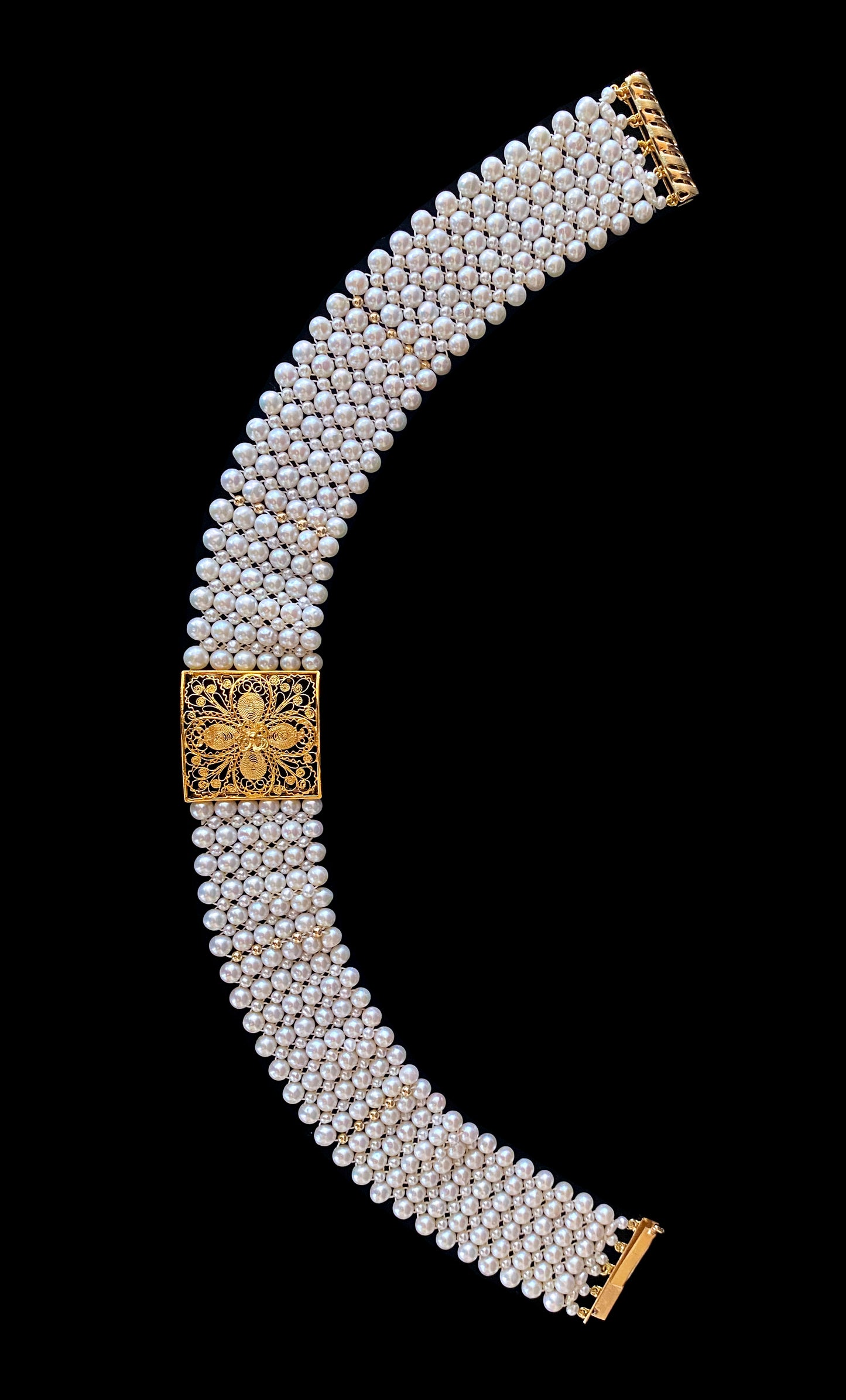 Pearl Woven Choker with 18k Yellow Gold Floral Centerpiece and Findings