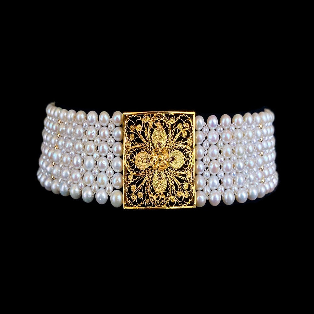 Pearl Woven Choker with 18k Yellow Gold Floral Centerpiece and Findings