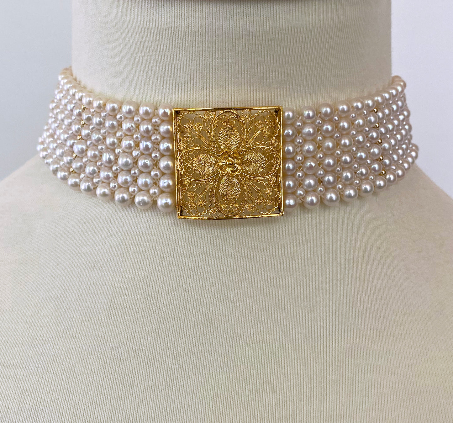 Pearl Woven Choker with 18k Yellow Gold Floral Centerpiece and Findings