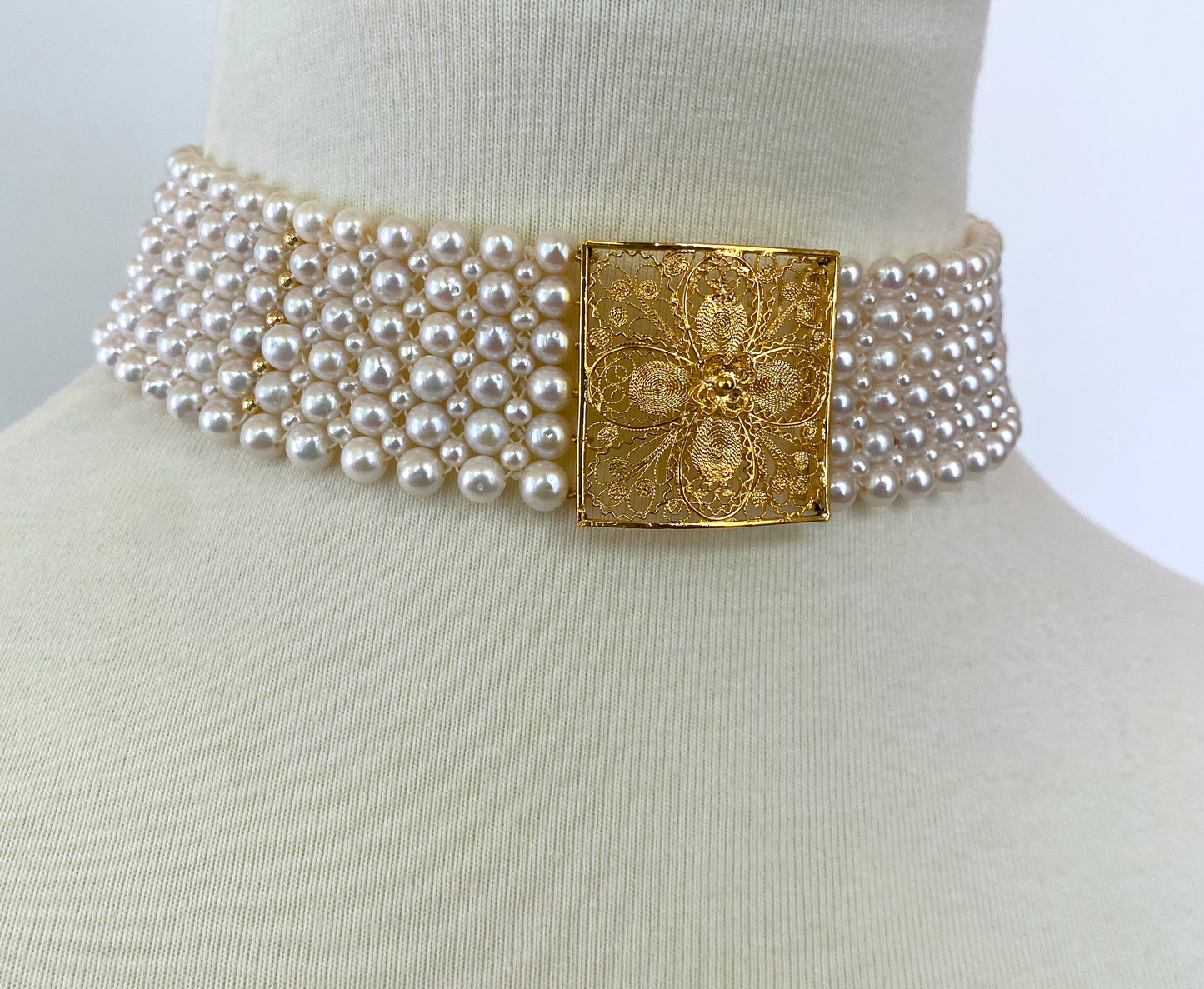 Pearl Woven Choker with 18k Yellow Gold Floral Centerpiece and Findings