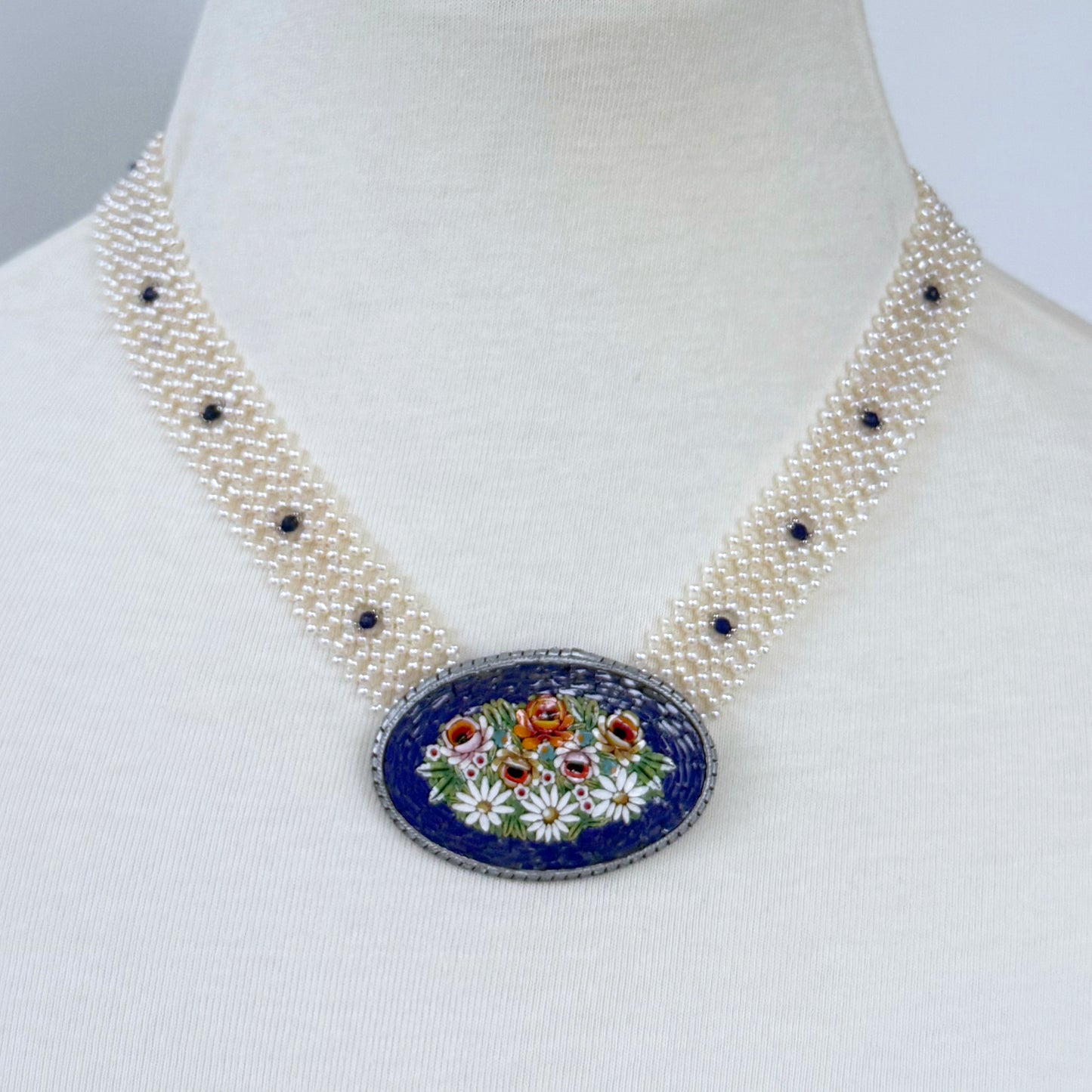Pearl & Lapis Woven Floral Mosaic Necklace