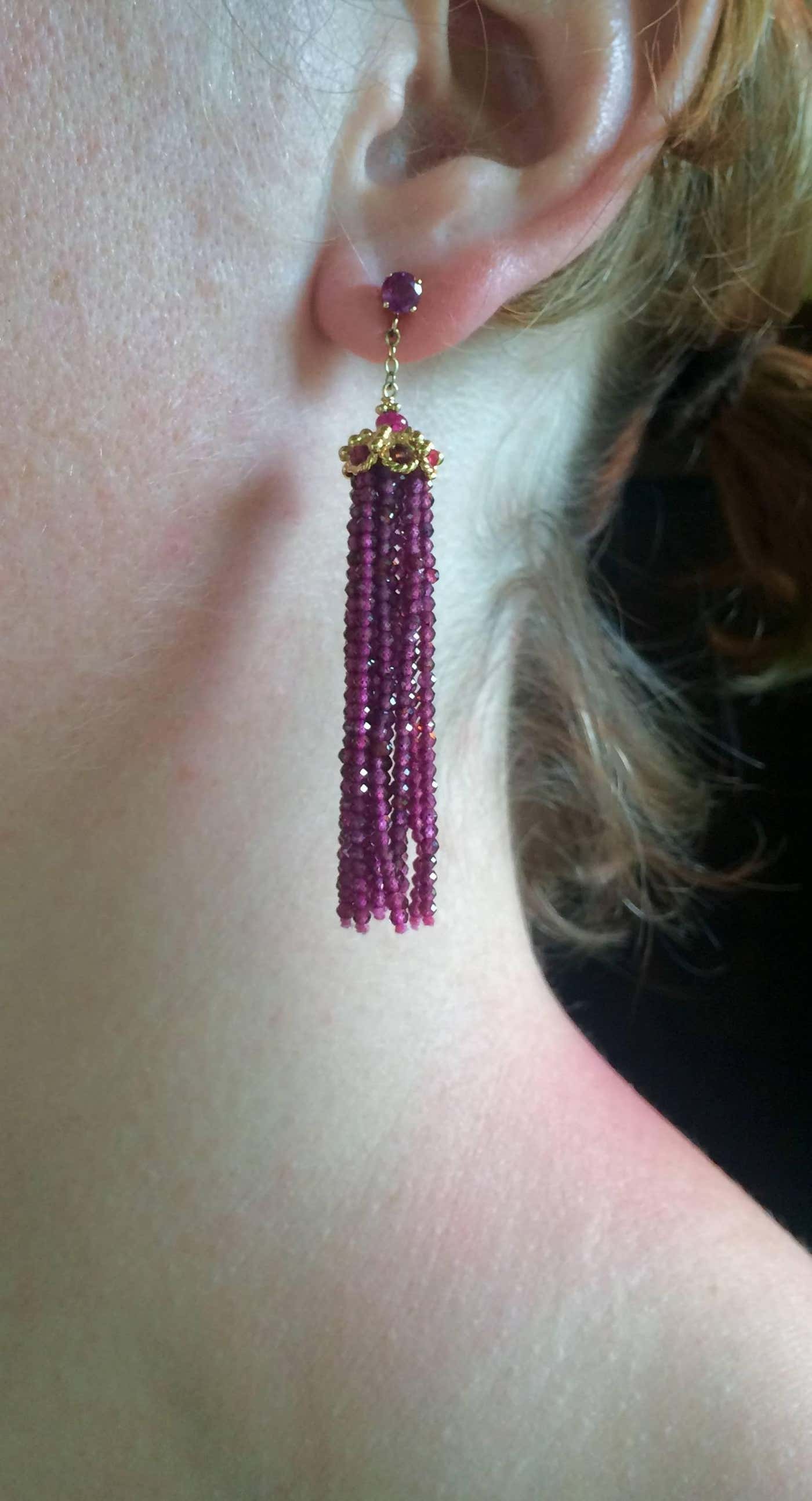 Faceted Amethyst Stud Tassel Dangle Earrings and 14K Yellow Gold