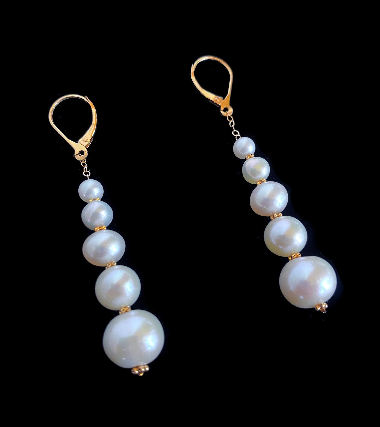 Solid 14k Yellow Gold Graduated Pearl Dangle Earrings