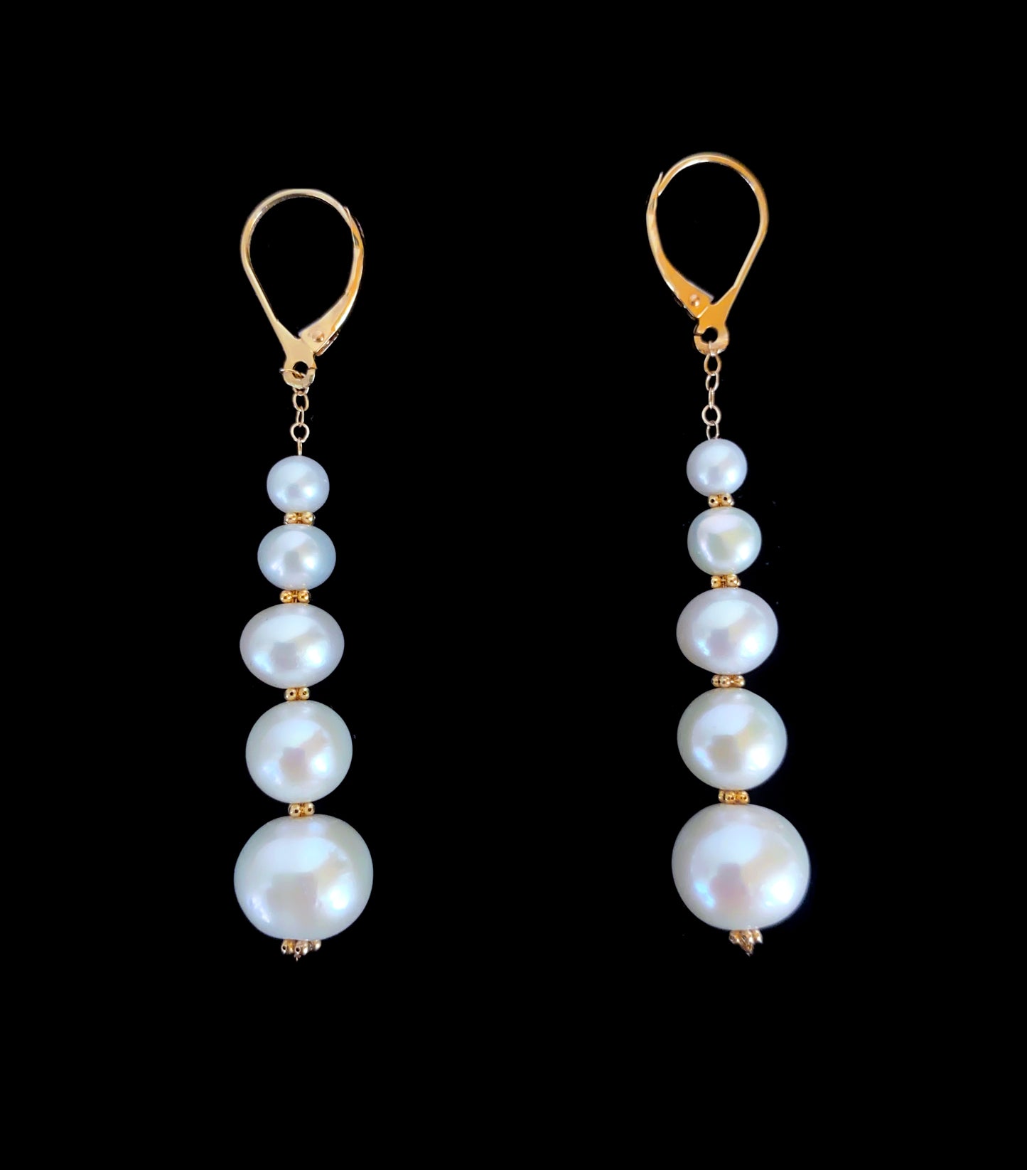 Solid 14k Yellow Gold Graduated Pearl Dangle Earrings