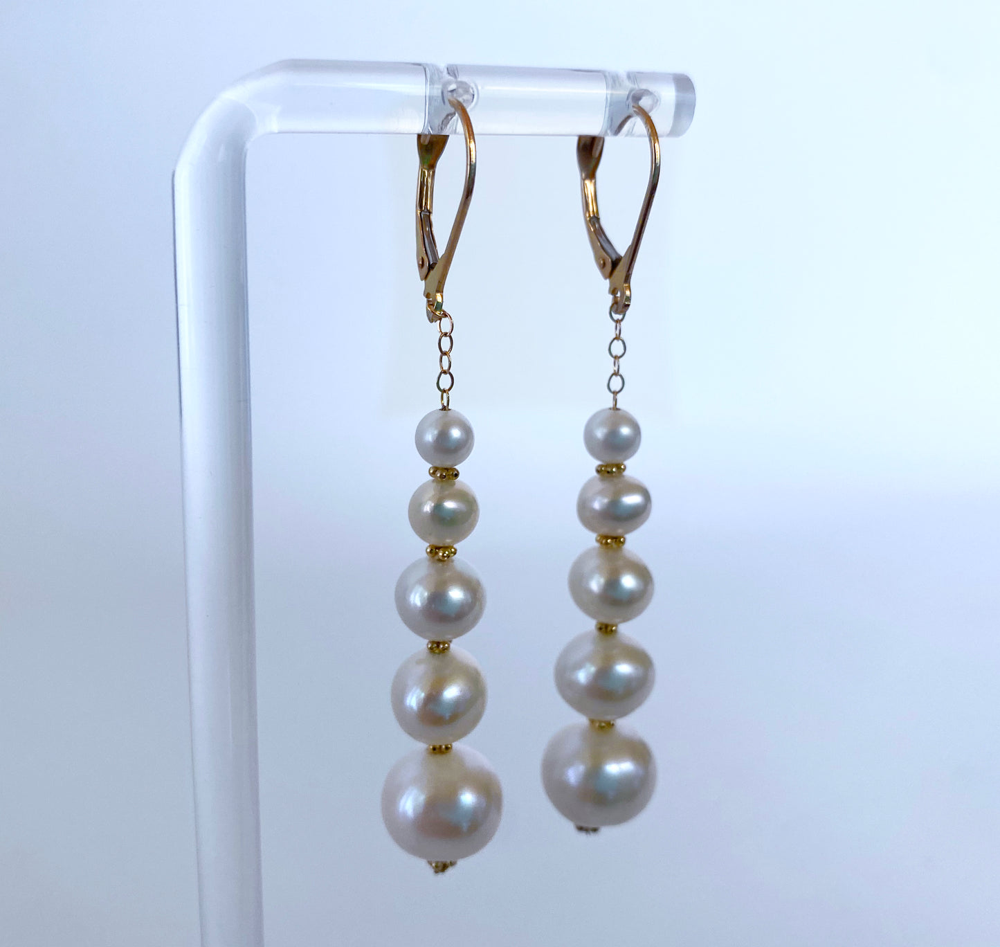 Solid 14k Yellow Gold Graduated Pearl Dangle Earrings