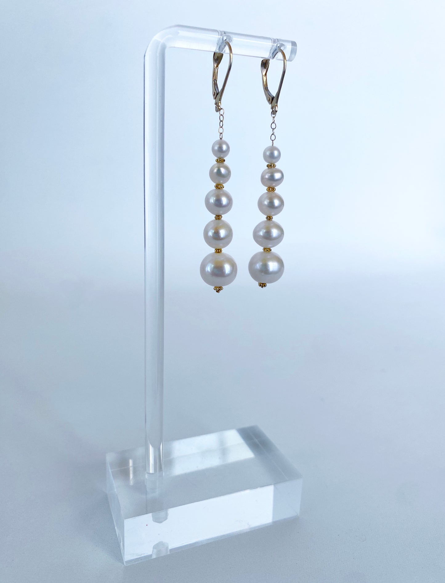 Solid 14k Yellow Gold Graduated Pearl Dangle Earrings