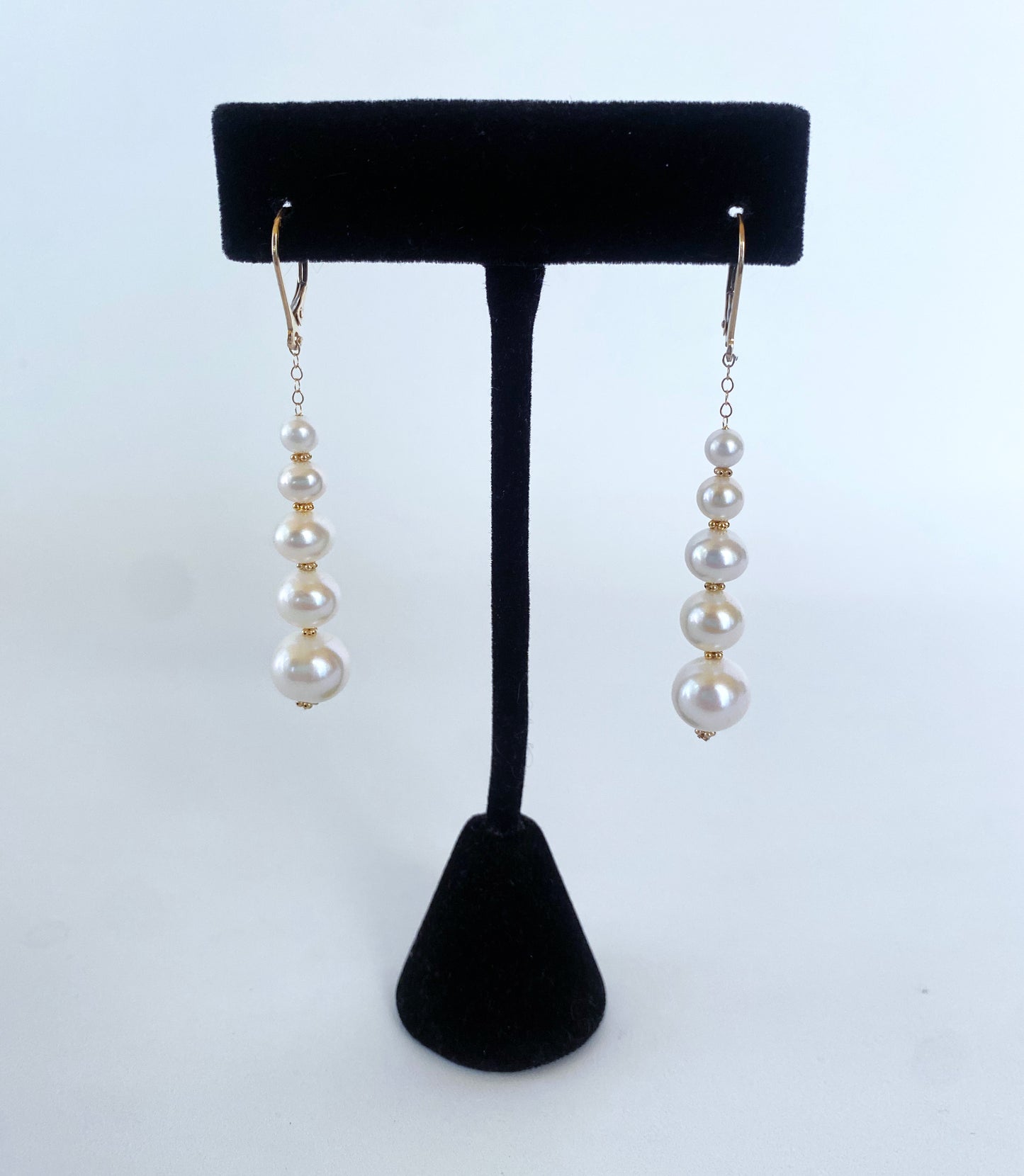 Solid 14k Yellow Gold Graduated Pearl Dangle Earrings