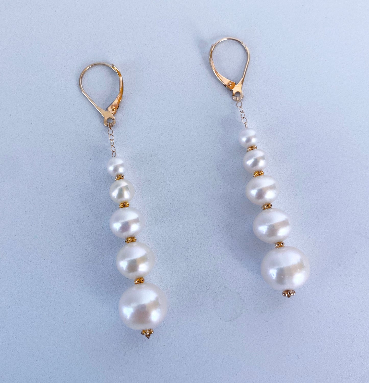 Solid 14k Yellow Gold Graduated Pearl Dangle Earrings