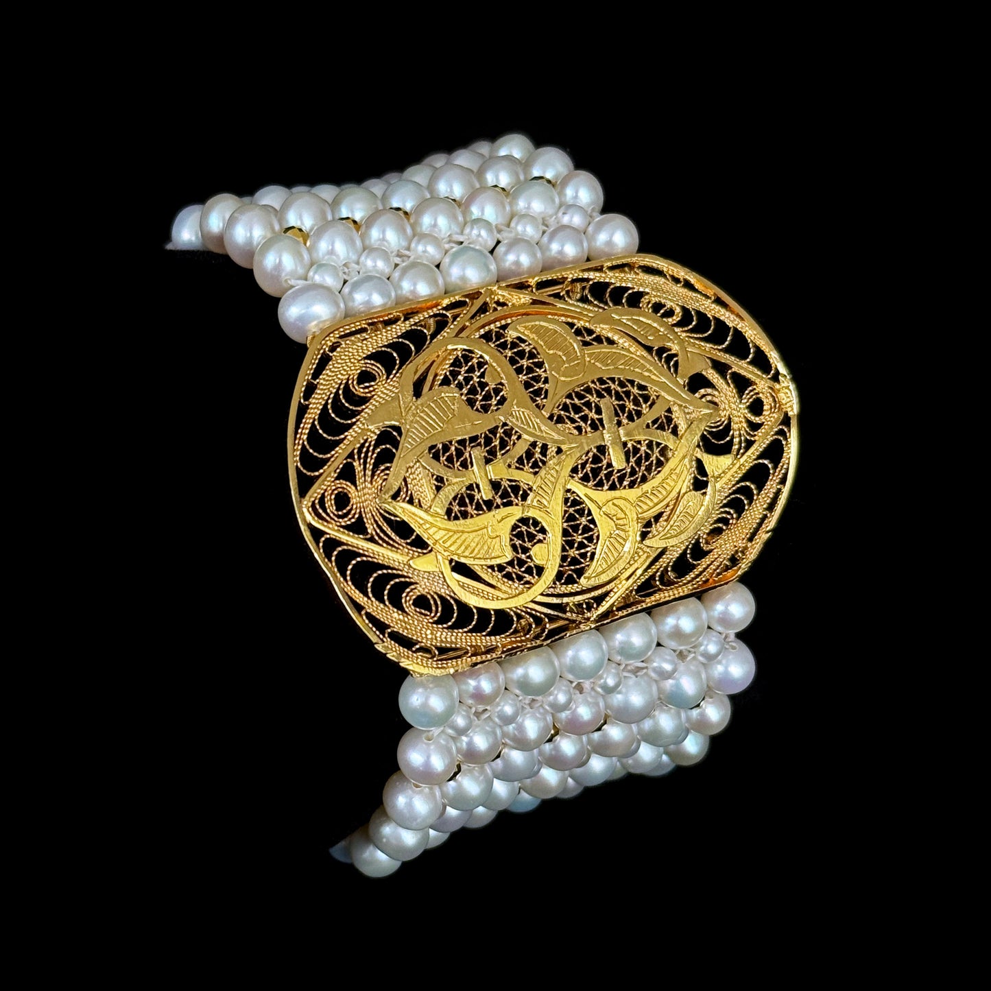 One Of A Kind Pearl Woven Bracelet with Vintage 18k Gold Plated Centerpiece