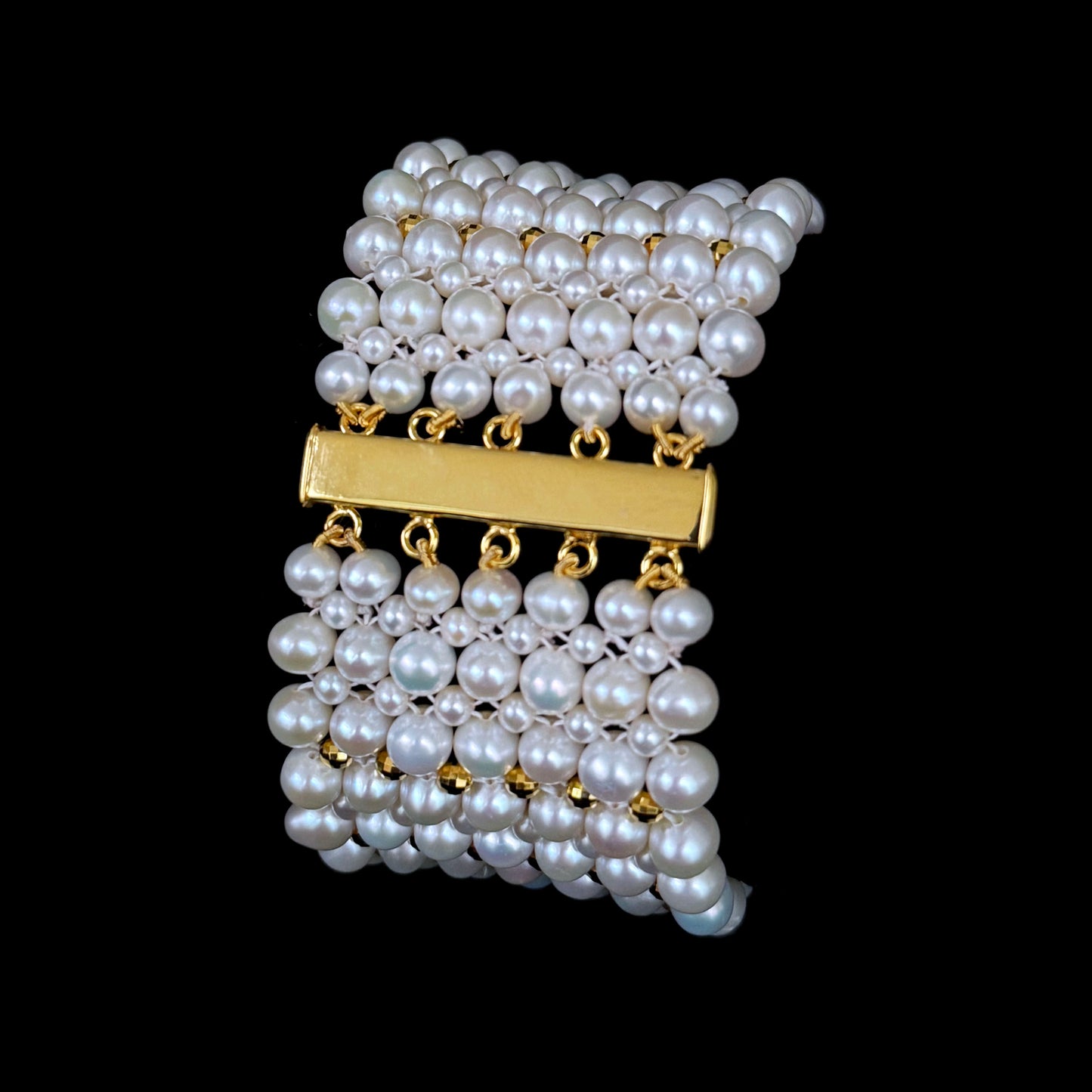 One Of A Kind Pearl Woven Bracelet with Vintage 18k Gold Plated Centerpiece