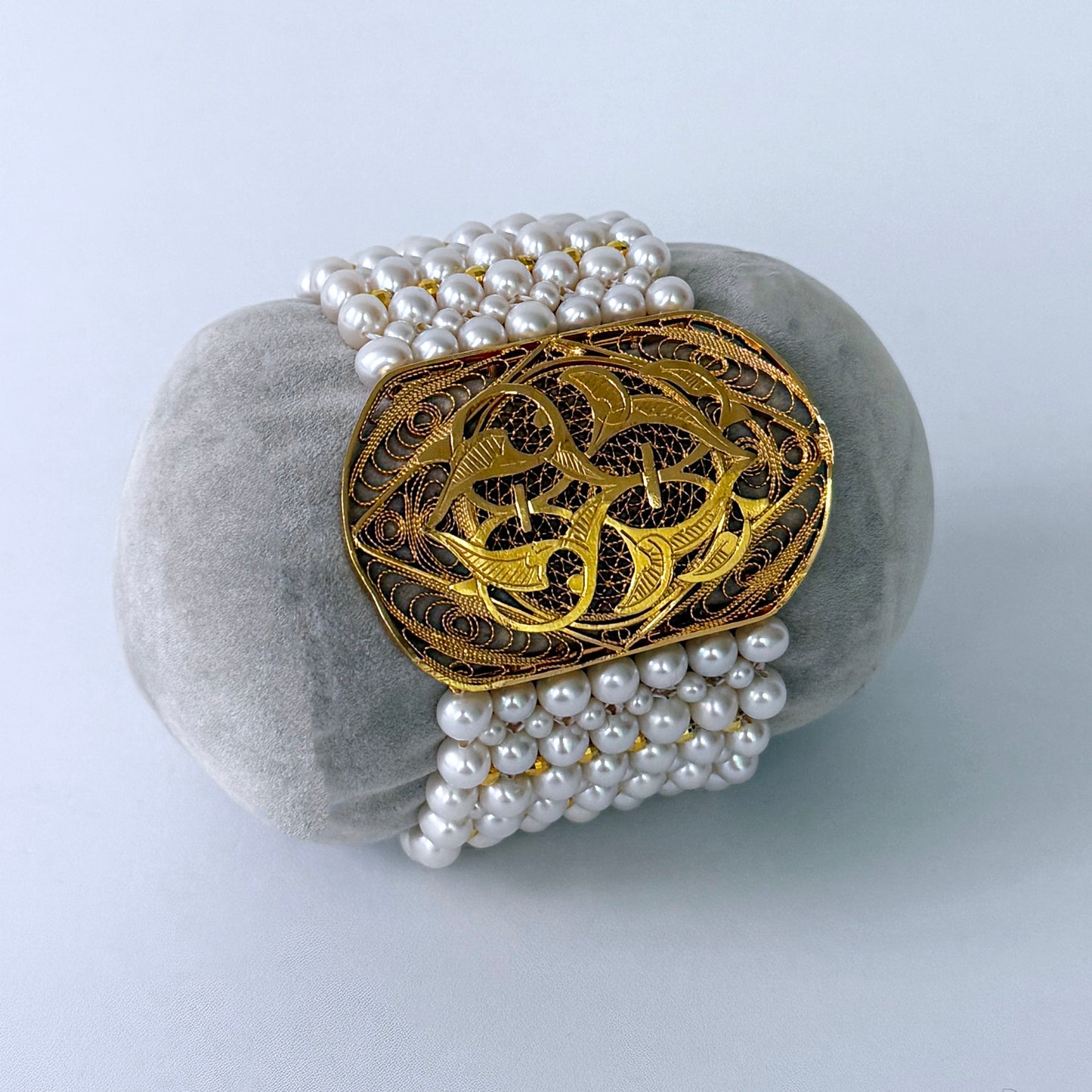 One Of A Kind Pearl Woven Bracelet with Vintage 18k Gold Plated Centerpiece