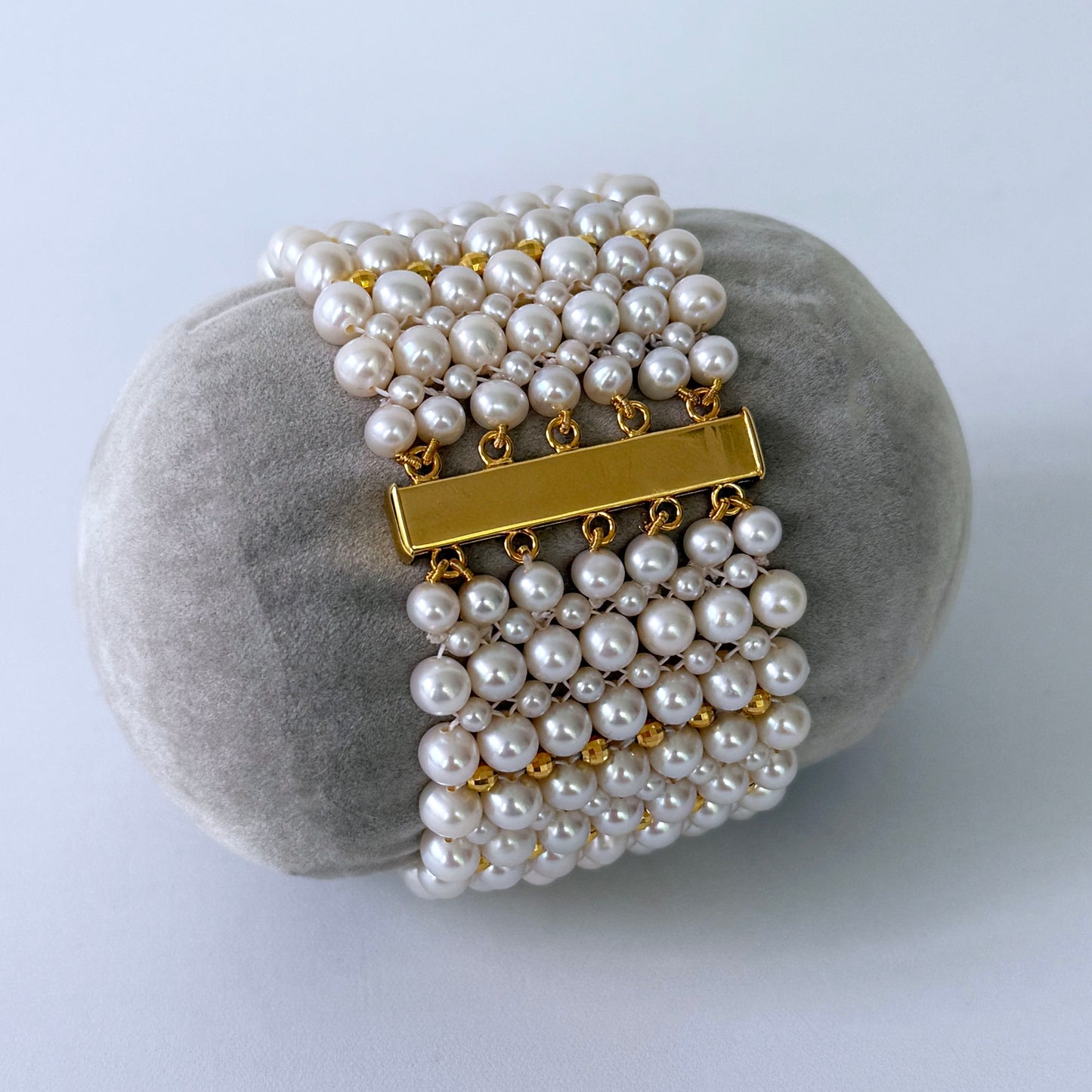 One Of A Kind Pearl Woven Bracelet with Vintage 18k Gold Plated Centerpiece