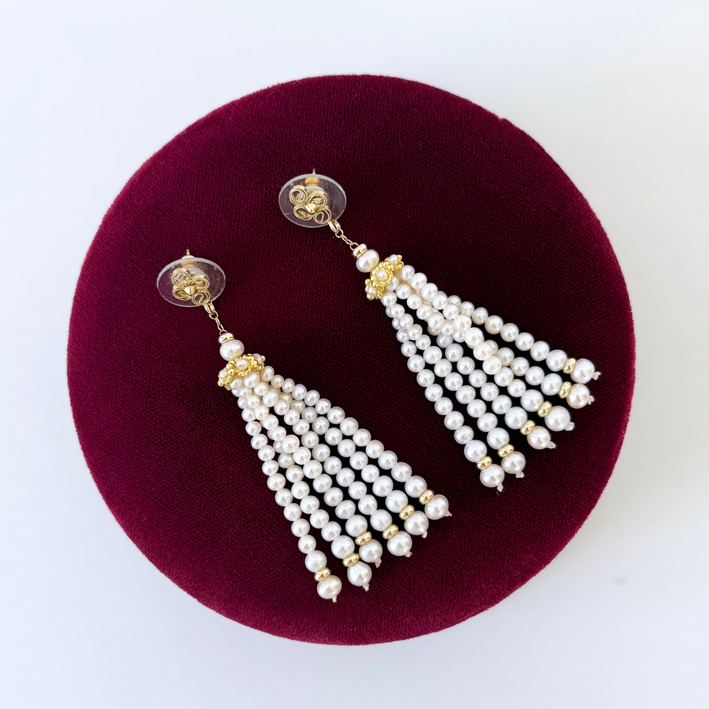Floral Studded Pearl Graduated Tassel Earrings with 14k Yellow Gold