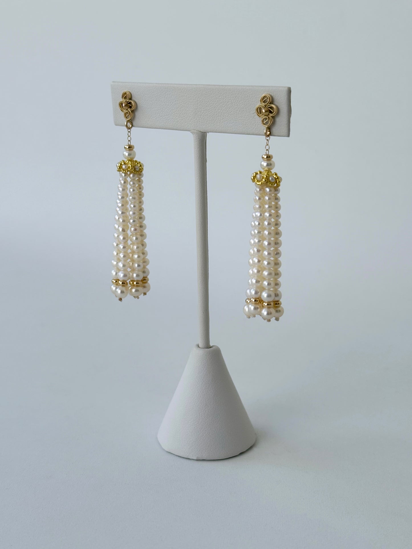 Floral Studded Pearl Graduated Tassel Earrings with 14k Yellow Gold