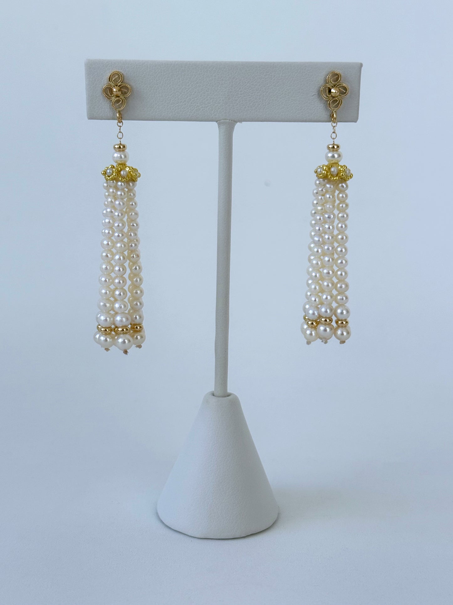 Floral Studded Pearl Graduated Tassel Earrings with 14k Yellow Gold