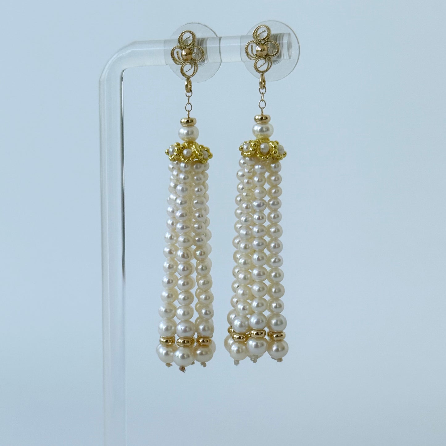 Floral Studded Pearl Graduated Tassel Earrings with 14k Yellow Gold