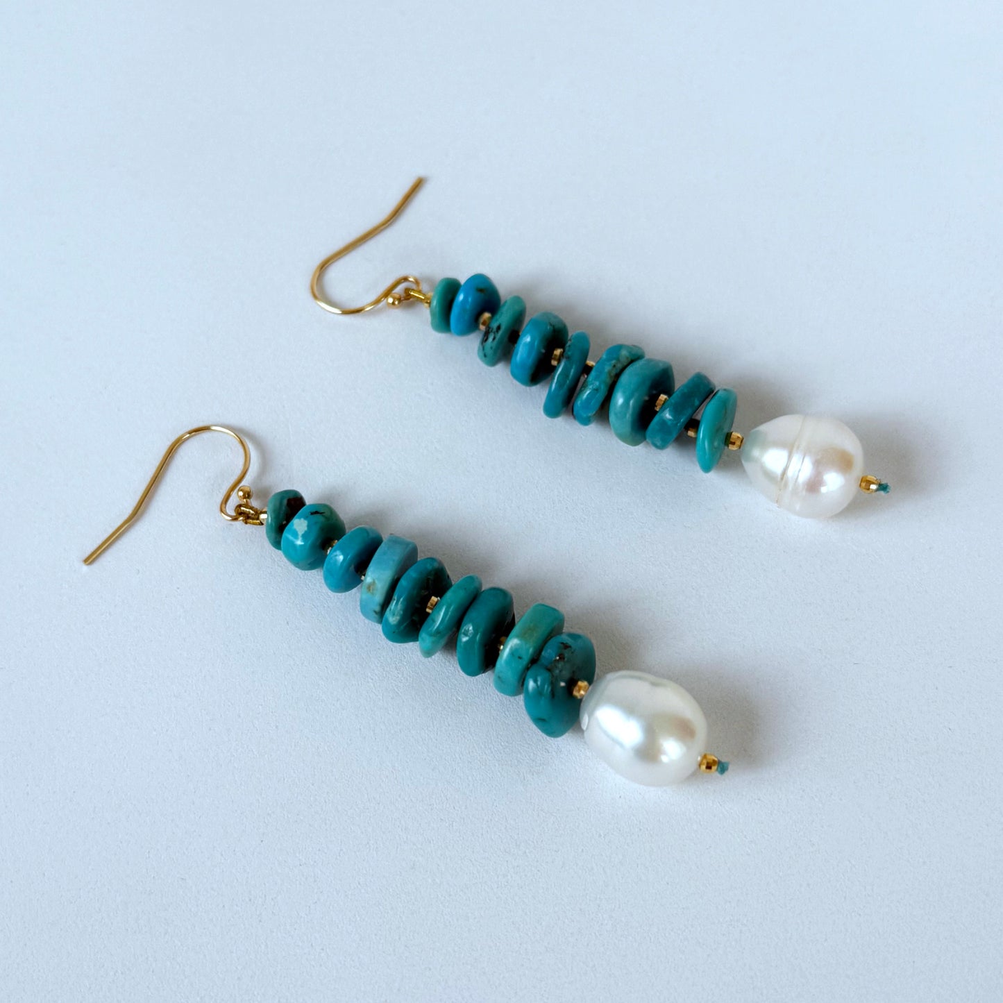 Pearl, Turquoise & Solid 14k Yellow Gold Dangle Earrings