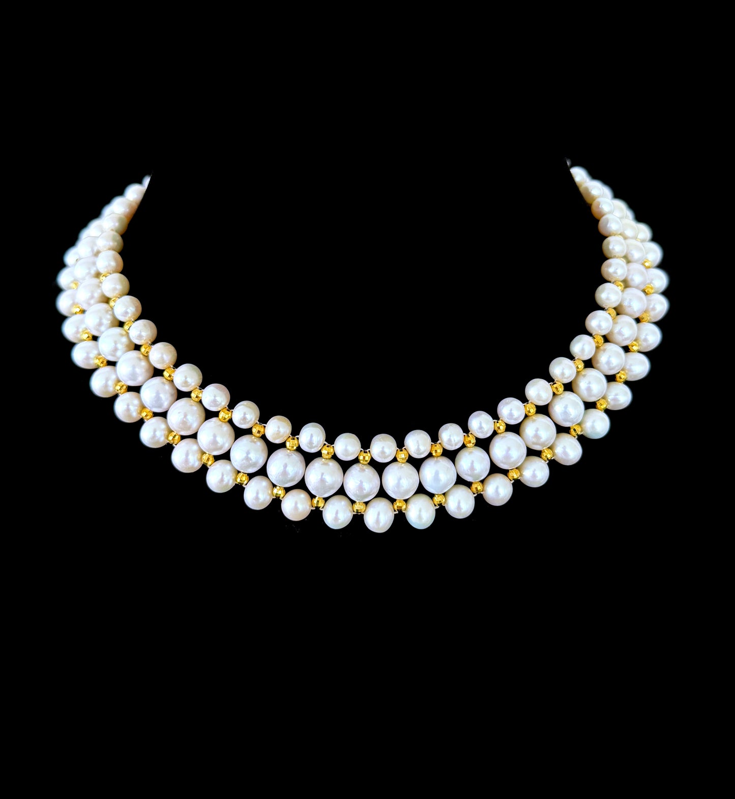Pearl Woven Necklace with 18k Plated Faceted Beads