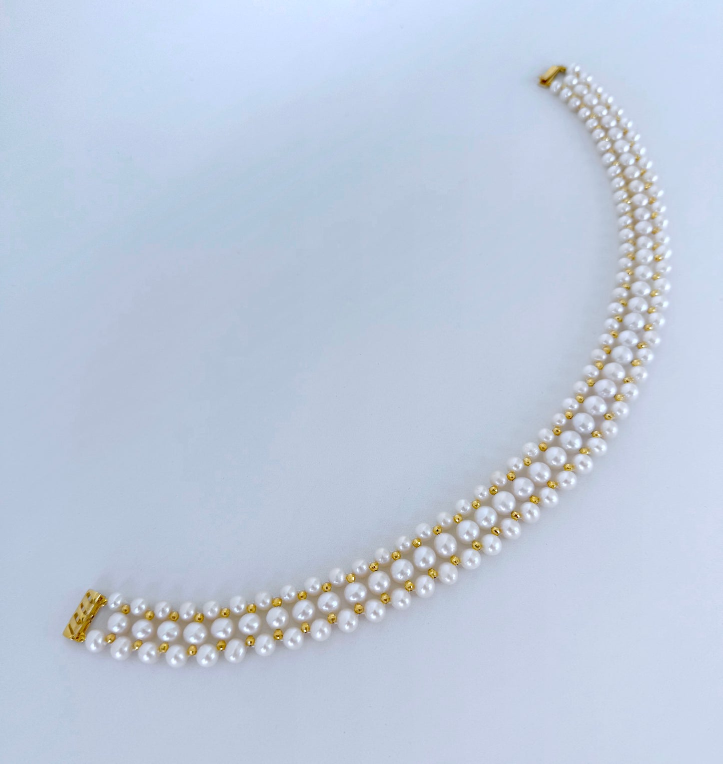 Pearl Woven Necklace with 18k Plated Faceted Beads