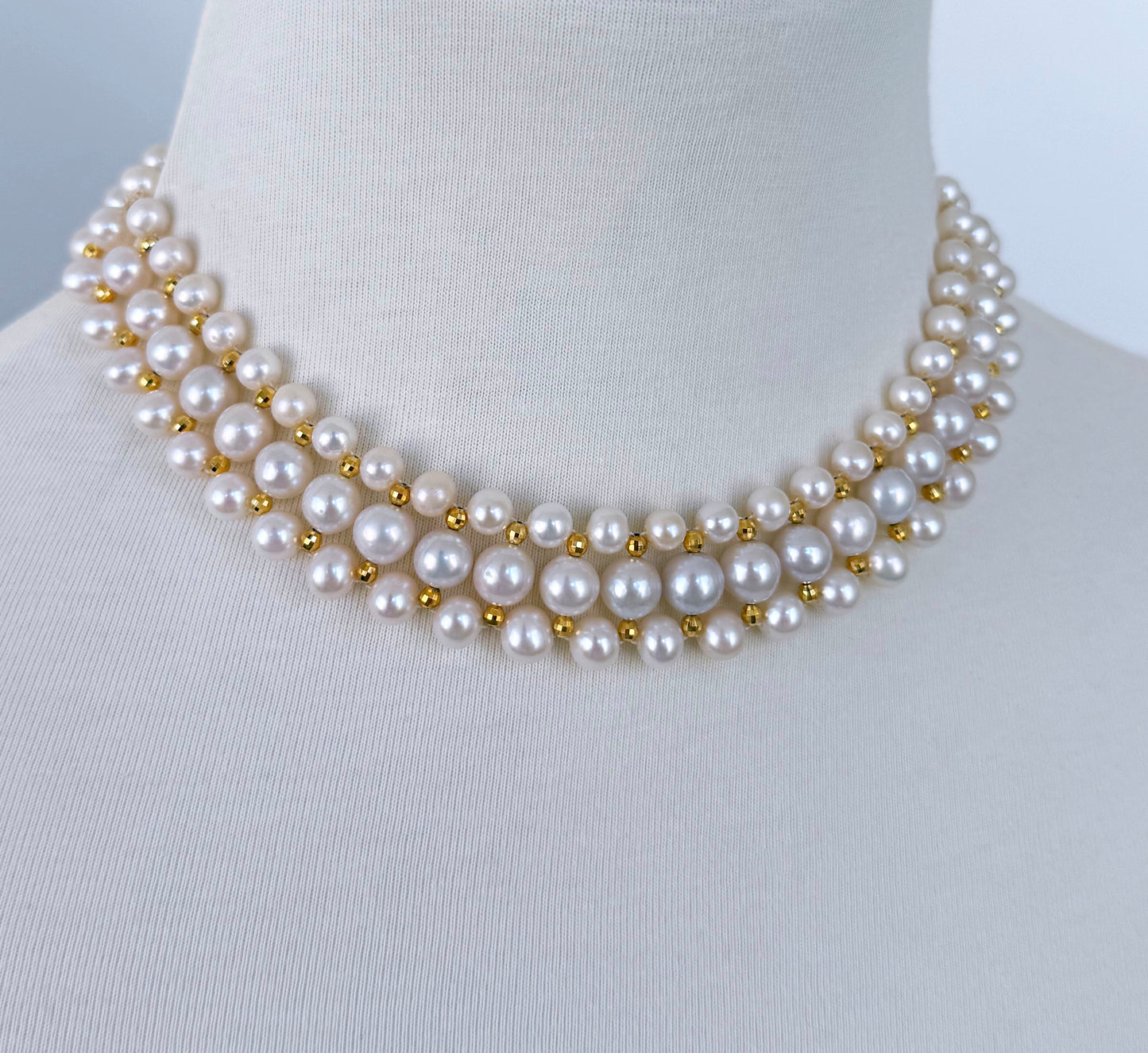 Pearl Woven Necklace with 18k Plated Faceted Beads