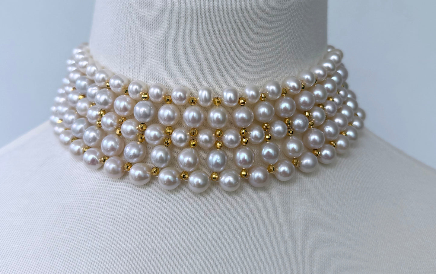 Pearl Woven Choker with 18k Yellow Gold Plated Faceted Beads