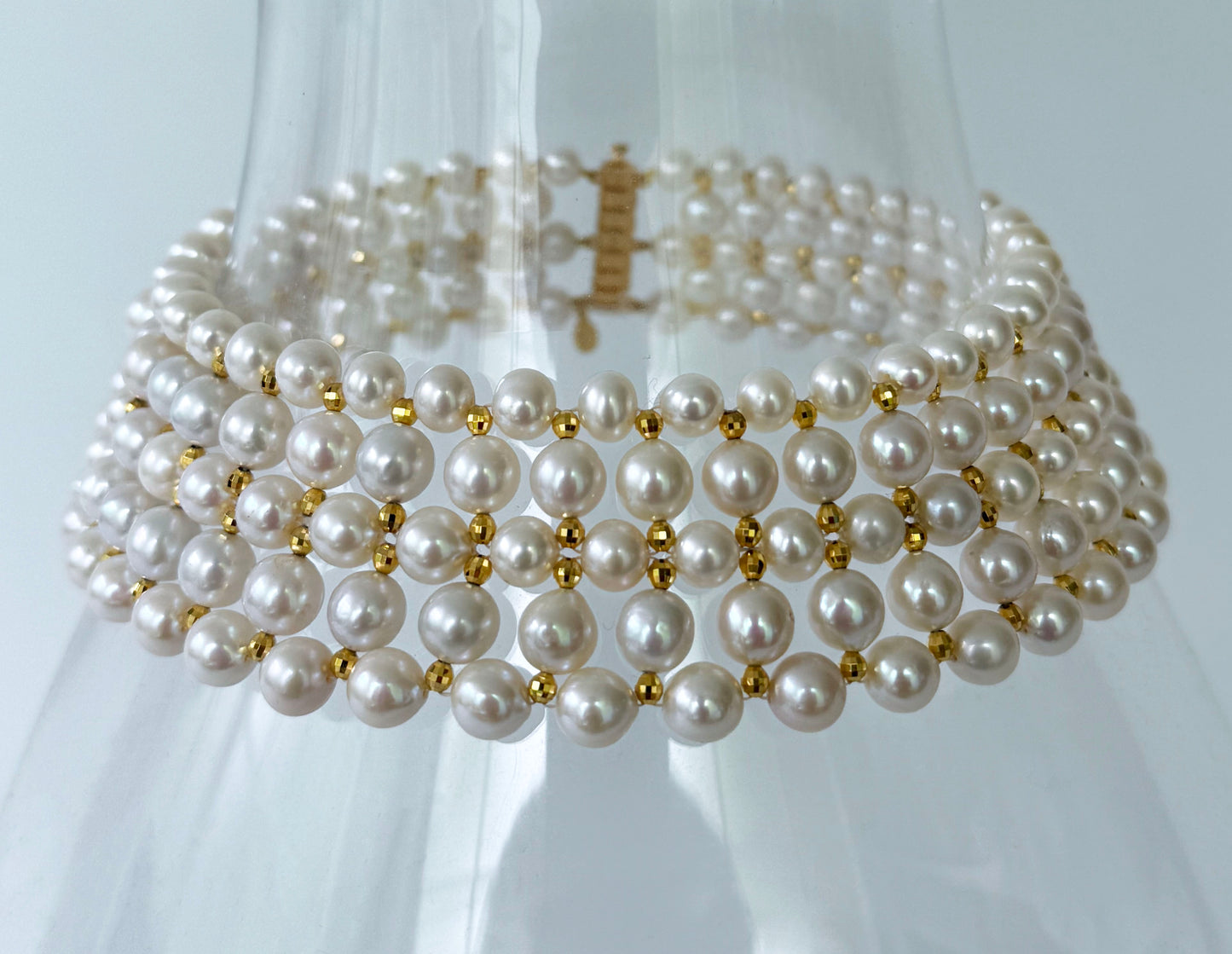 Pearl Woven Choker with 18k Yellow Gold Plated Faceted Beads