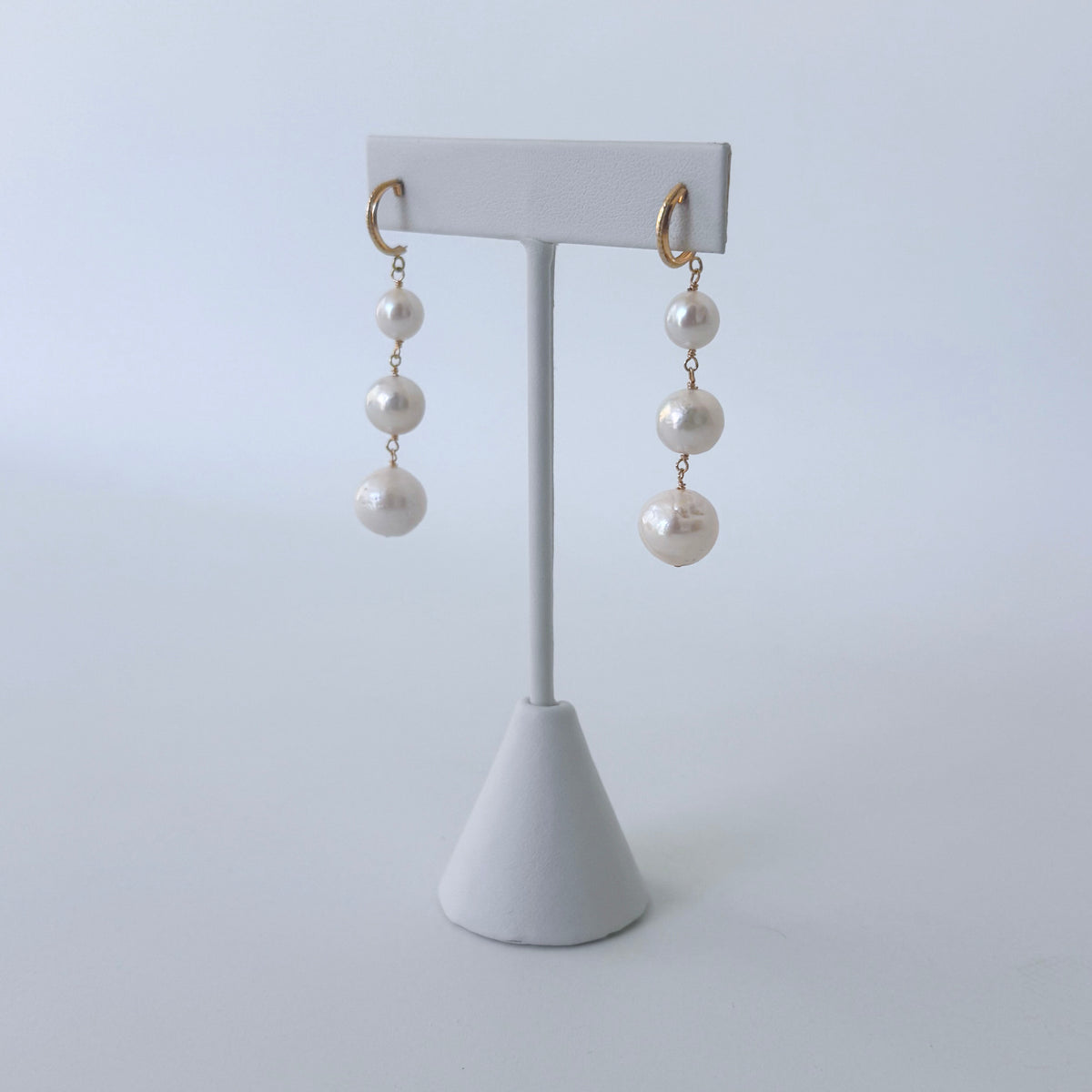3 Tier Pearl Dangle Earrings with Solid 14k Yellow Gold