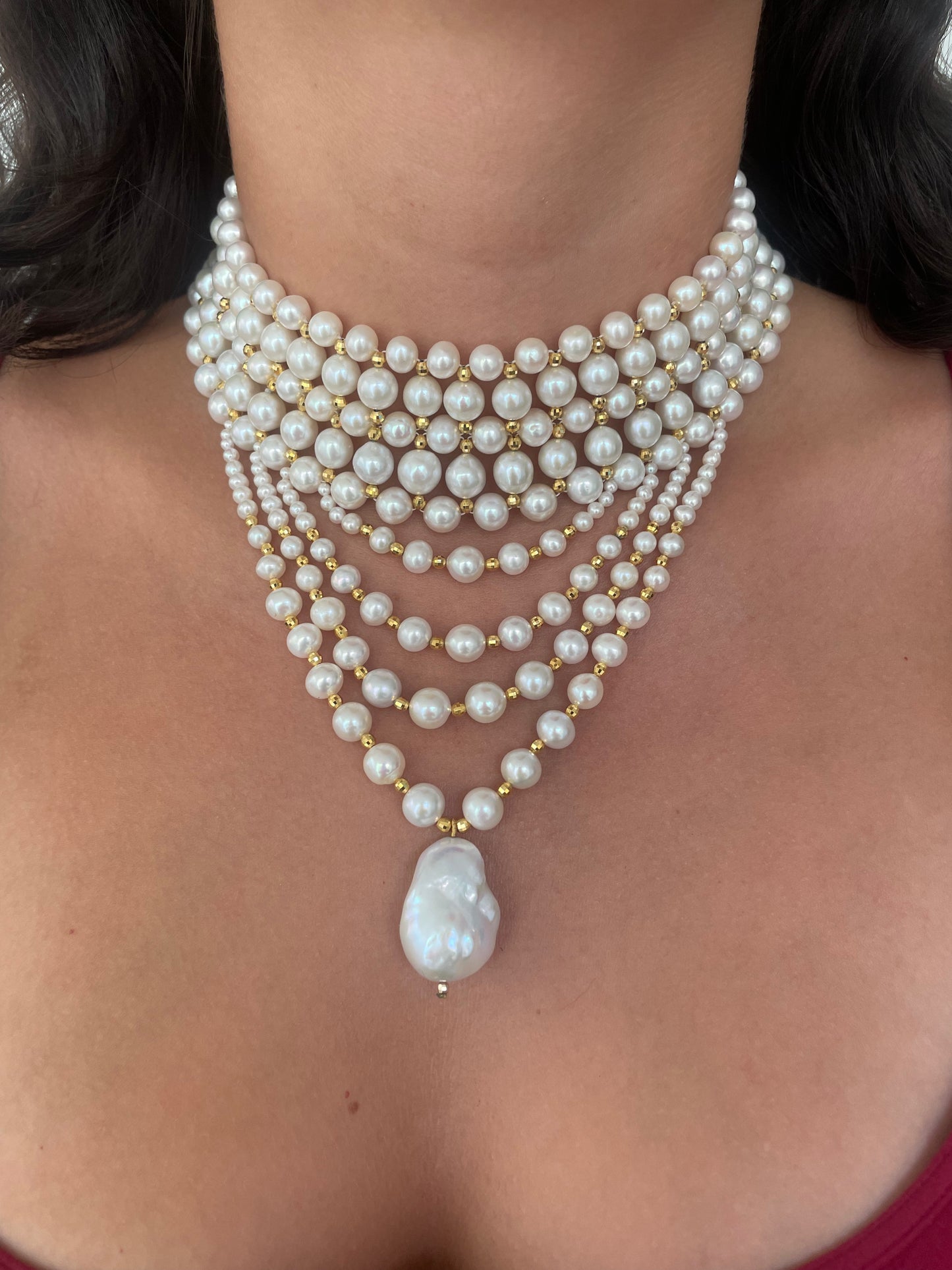 4 Tier Draped Pearl Choker with 18k Plated Yellow Gold