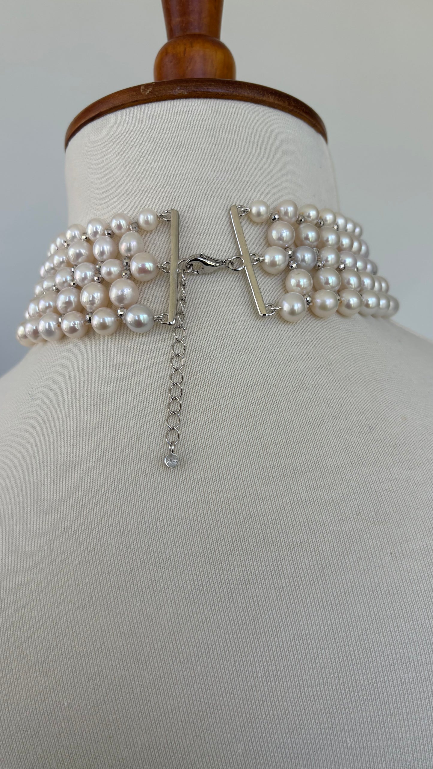 Adjustable Pearl Woven Choker with Silver Rhodium Plated Faceted Beads
