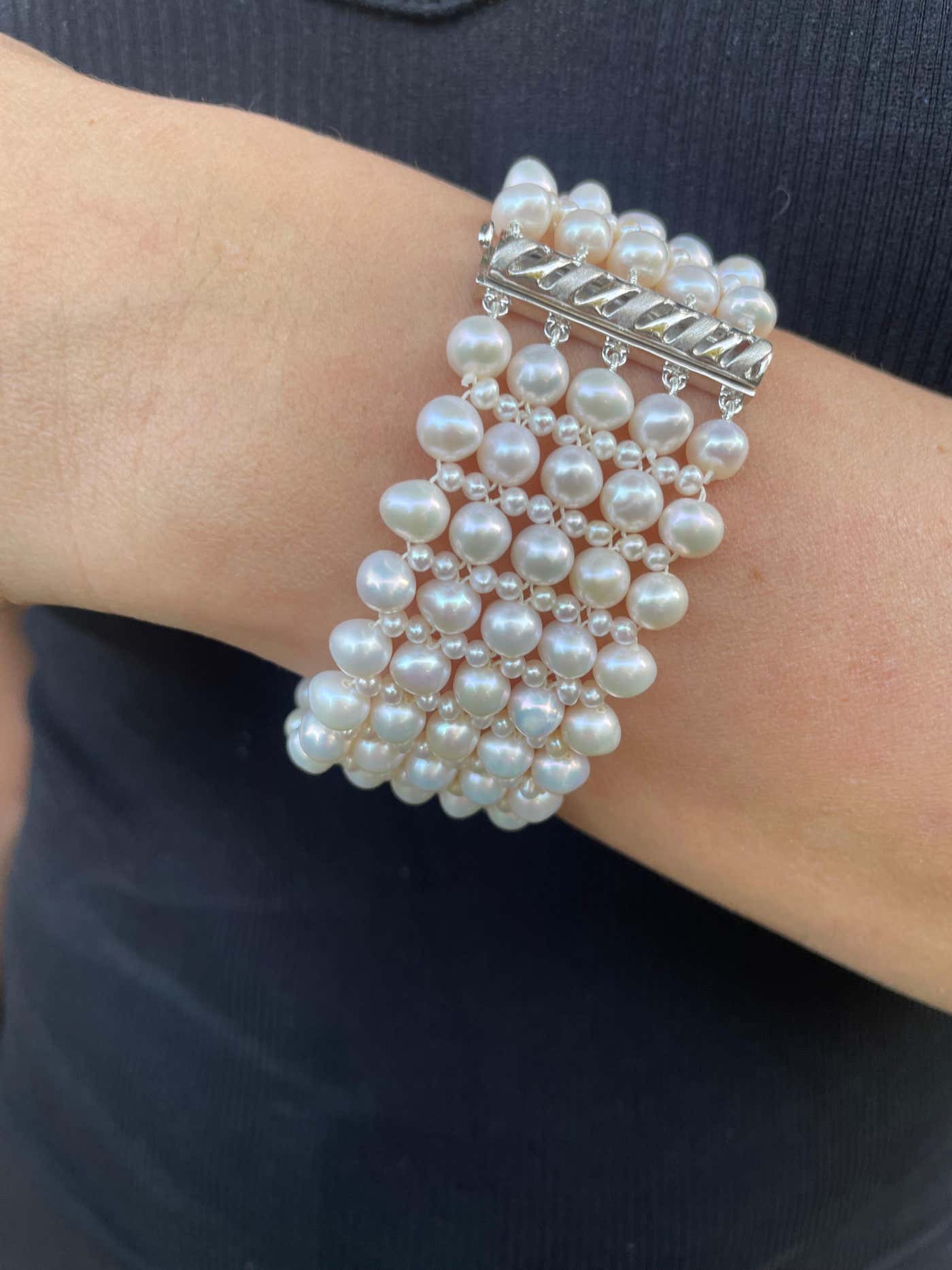 Woven Pearl Wedding Bracelet with Rhodium Plated Silver Clasp