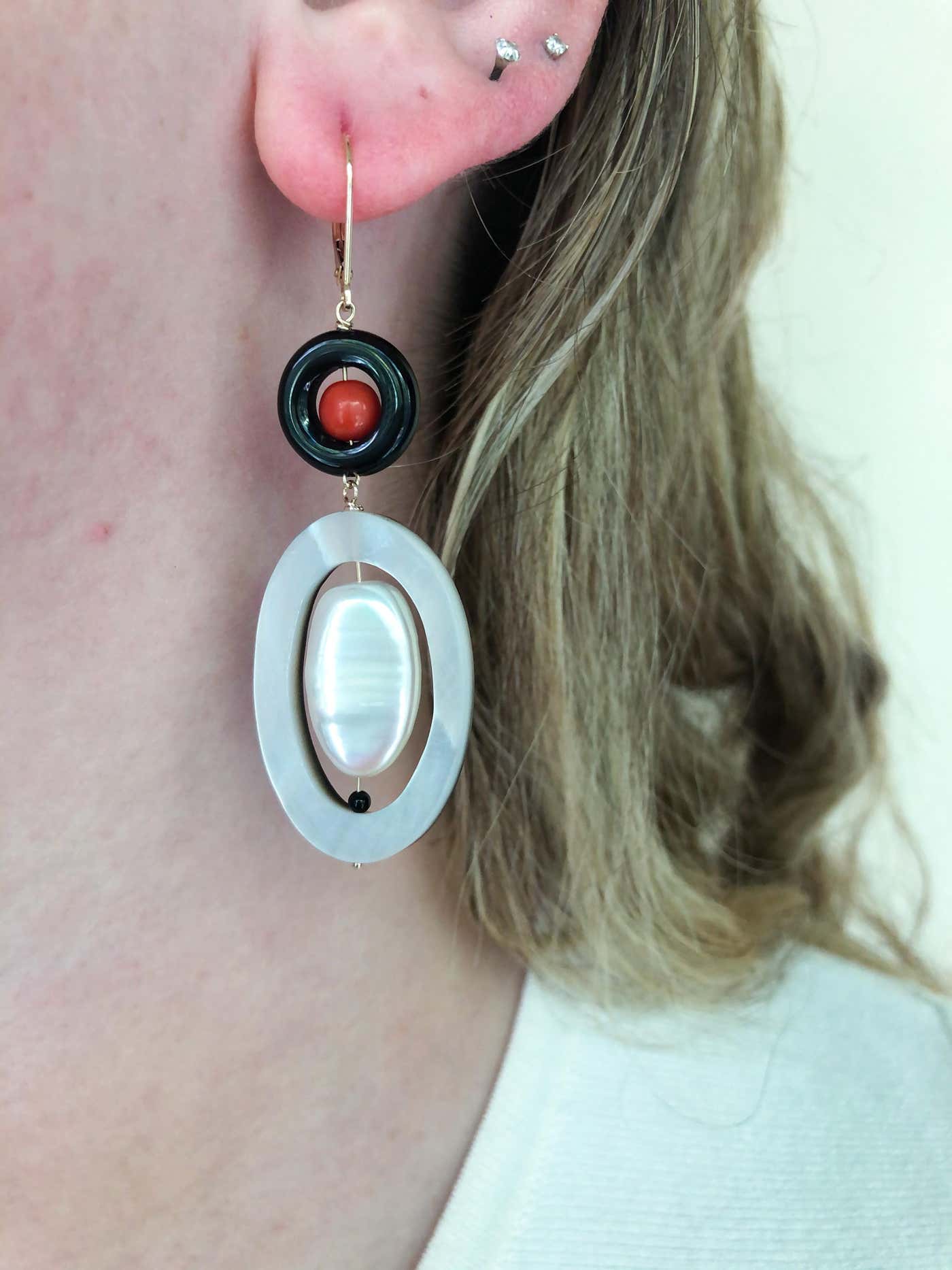 "Art Deco" Inspired Pearl Earrings with Coral, Onyx, Mother of Pearl and Solid 14 Karat Gold Lever Back Hooks