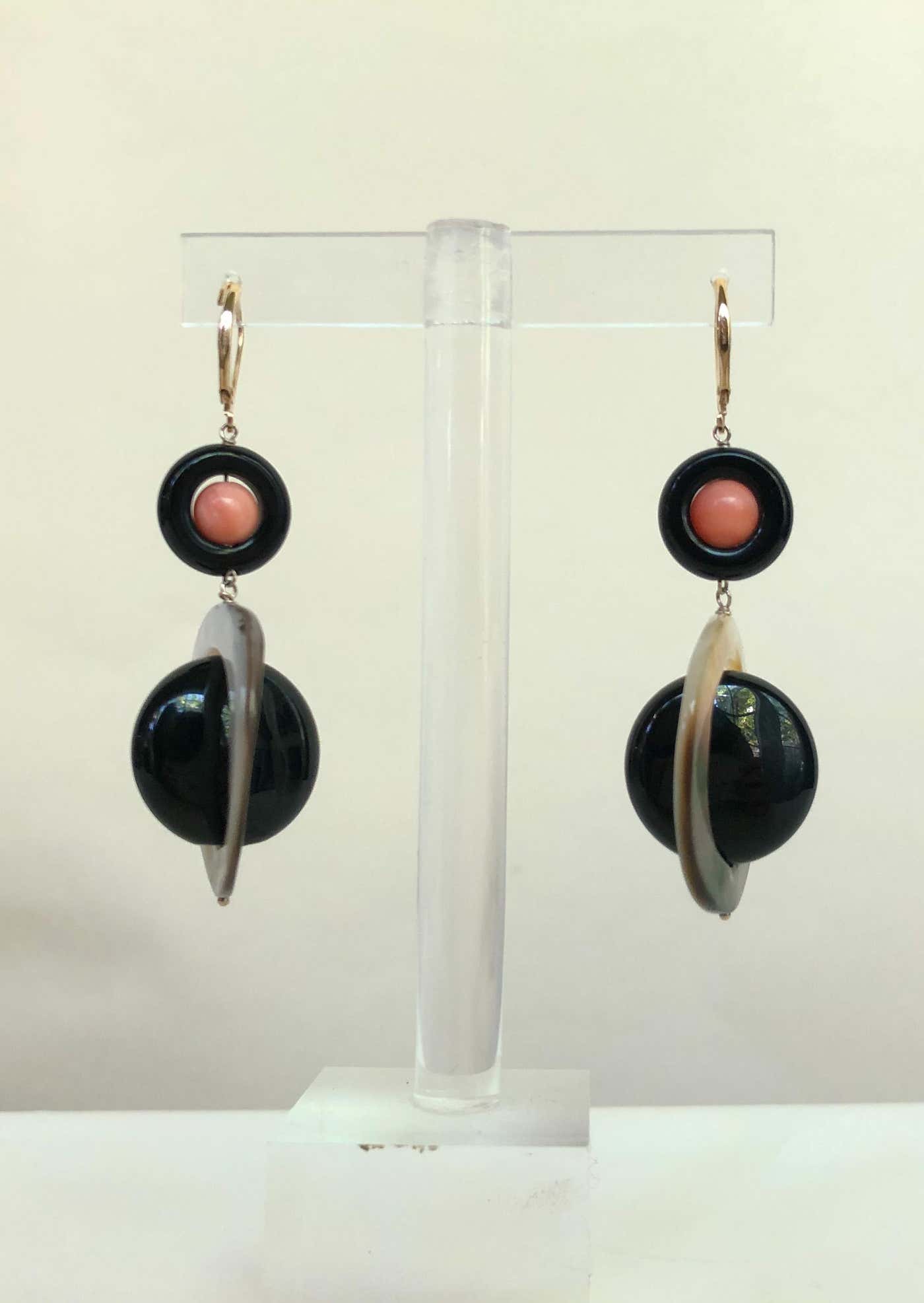 Pink Coral, Black Onyx & Mother of Pearl Earrings with 14k Yellow Gold Lever Back Hooks
