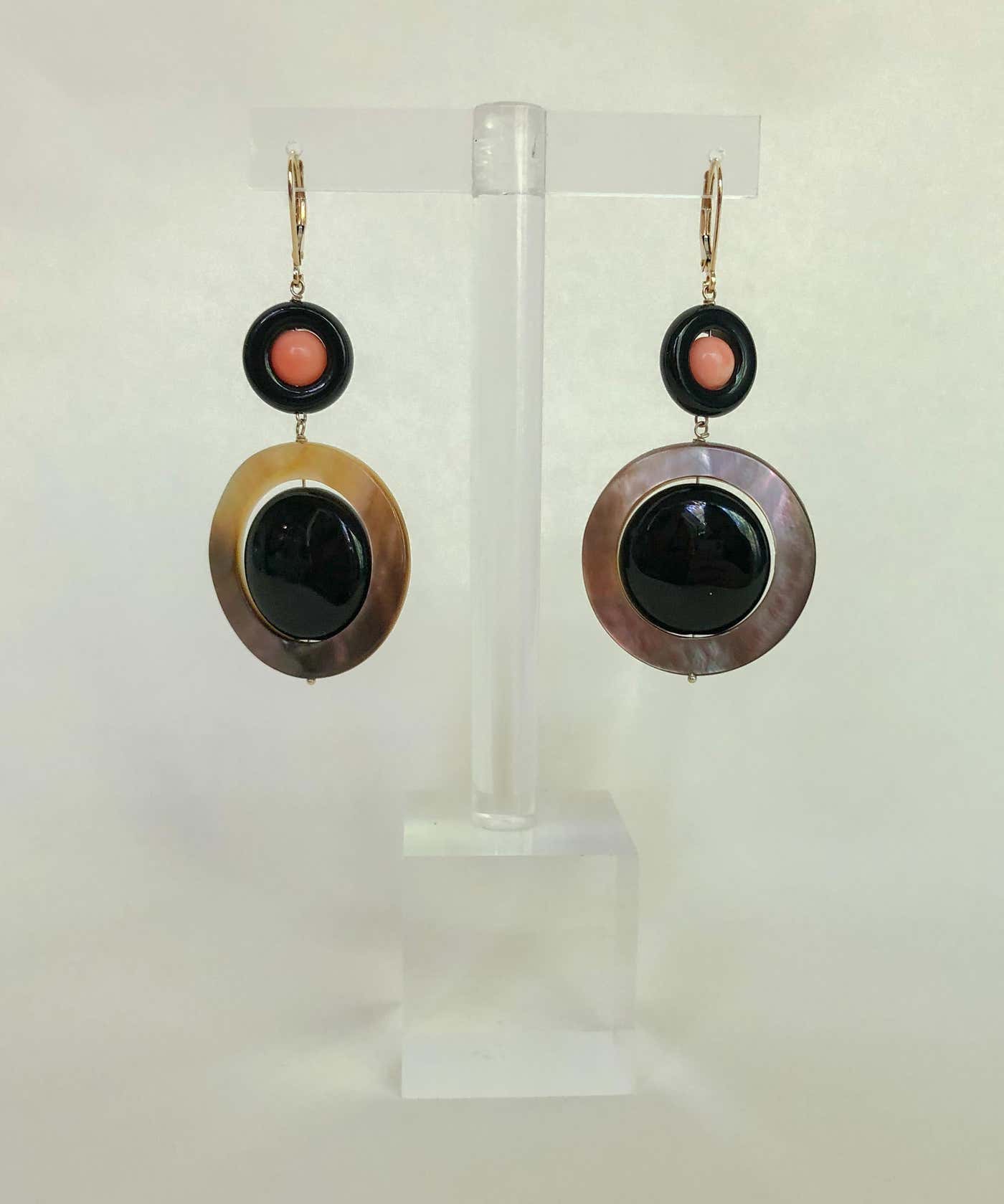 Pink Coral, Black Onyx & Mother of Pearl Earrings with 14k Yellow Gold Lever Back Hooks