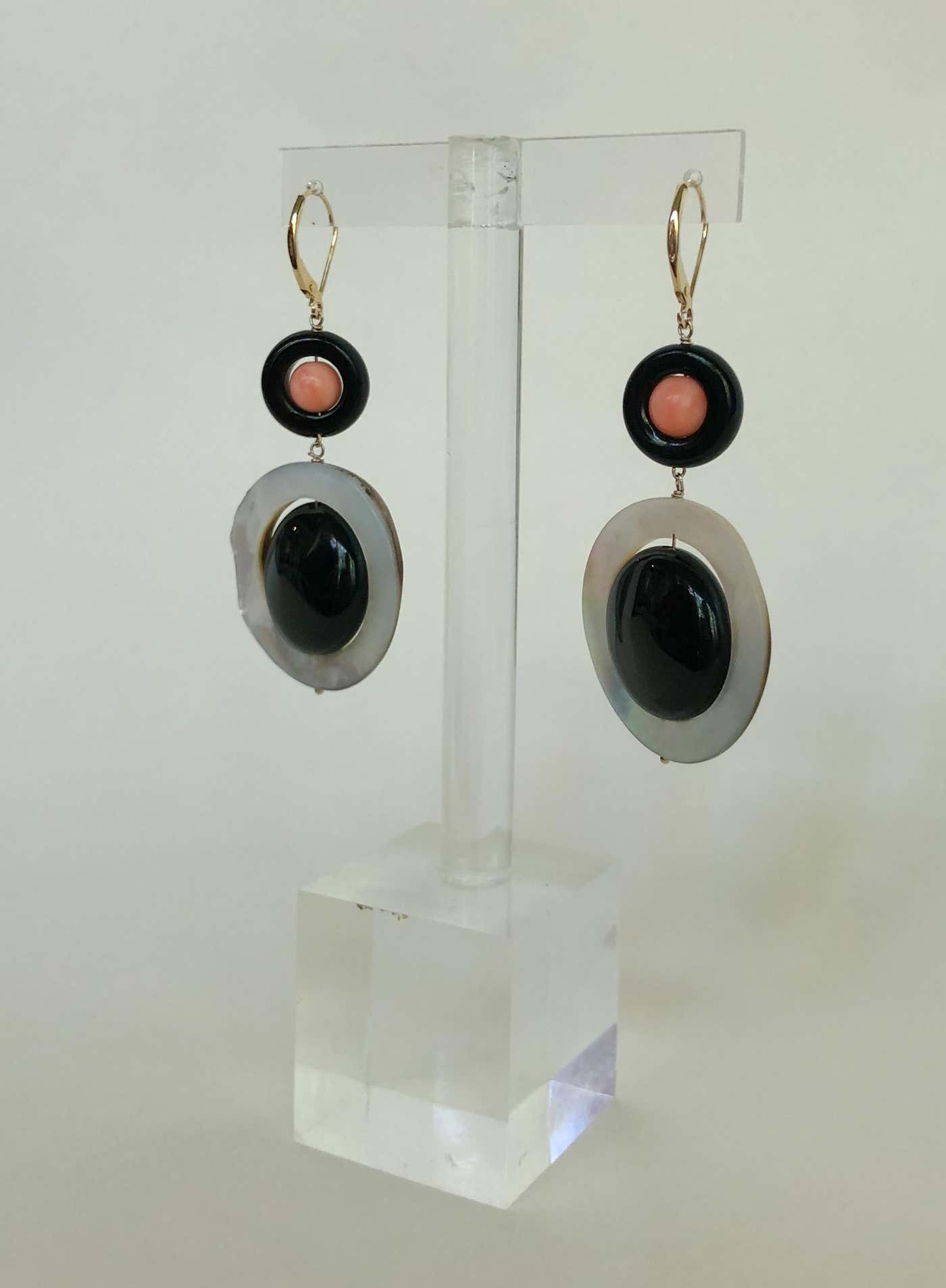 Pink Coral, Black Onyx & Mother of Pearl Earrings with 14k Yellow Gold Lever Back Hooks