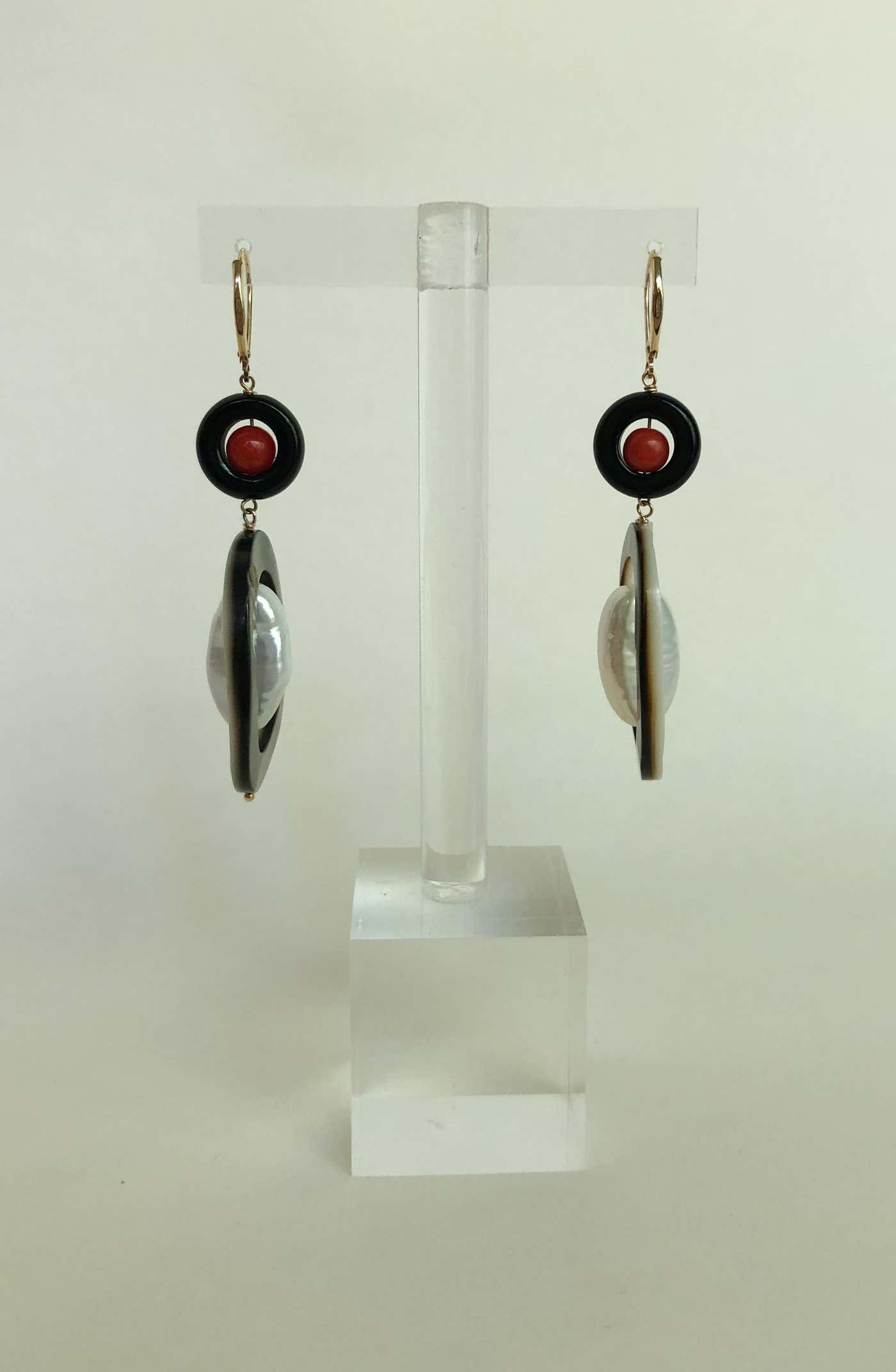 "Art Deco" Inspired Pearl Earrings with Coral, Onyx, Mother of Pearl and Solid 14 Karat Gold Lever Back Hooks