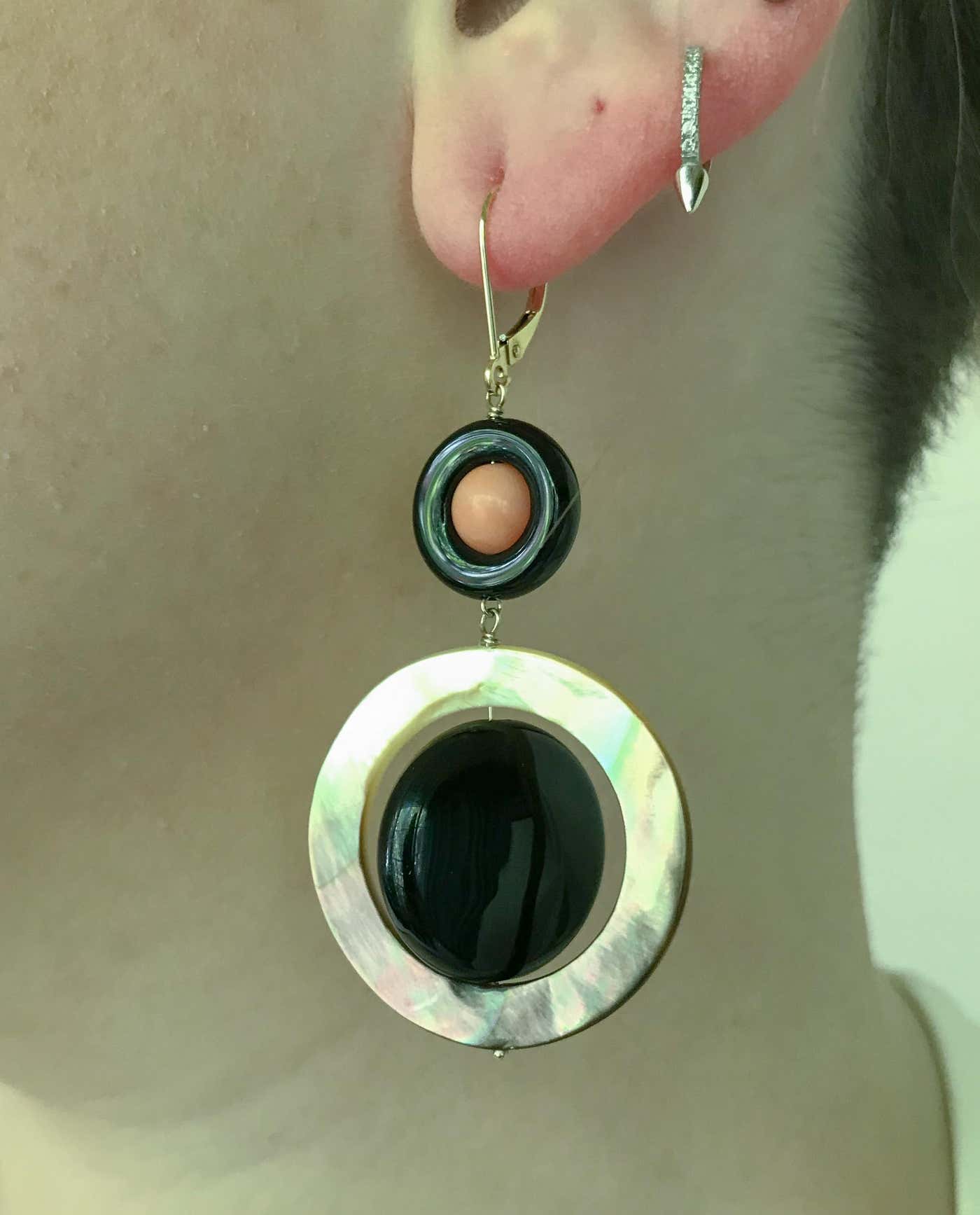 Pink Coral, Black Onyx & Mother of Pearl Earrings with 14k Yellow Gold Lever Back Hooks