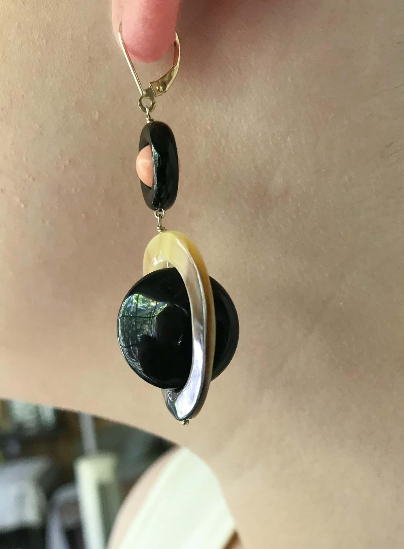 Pink Coral, Black Onyx & Mother of Pearl Earrings with 14k Yellow Gold Lever Back Hooks