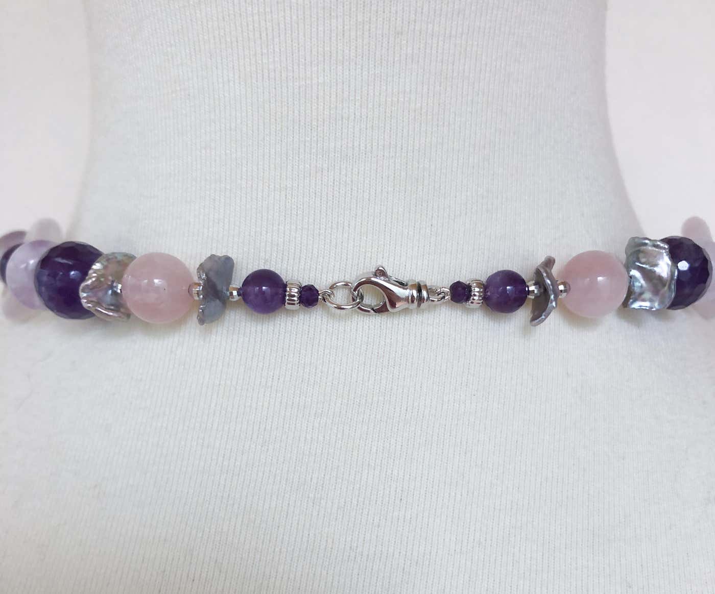 Amethyst, Rose Quartz & Grey Pearl Necklace with Rhodium Silver Clasp