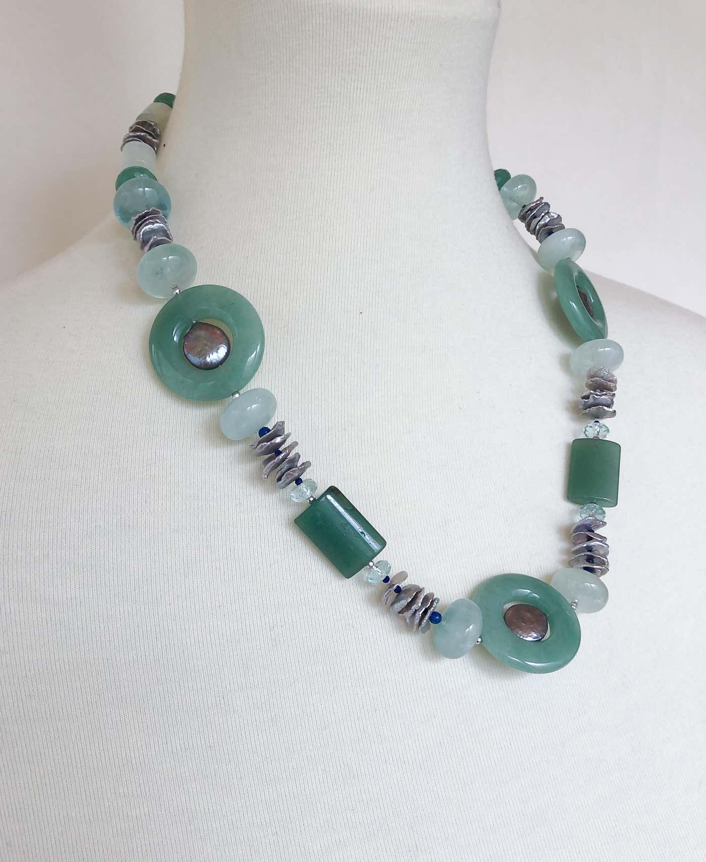 Jade, Aquamarine, Aventurine & Grey Pearl Necklace