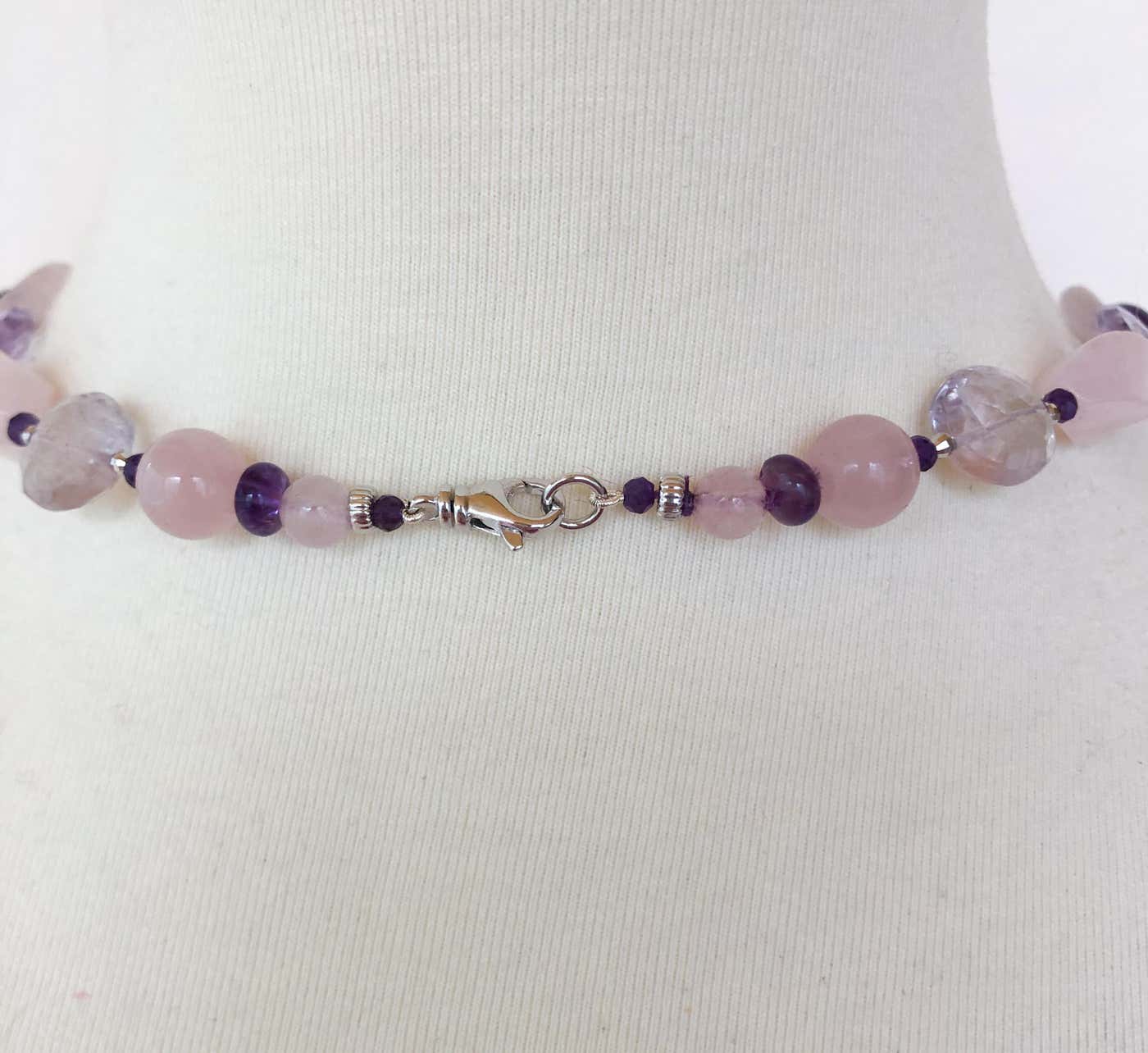 Rose Quartz, Amethyst and Silver Rhodium-Plated Beaded Necklace